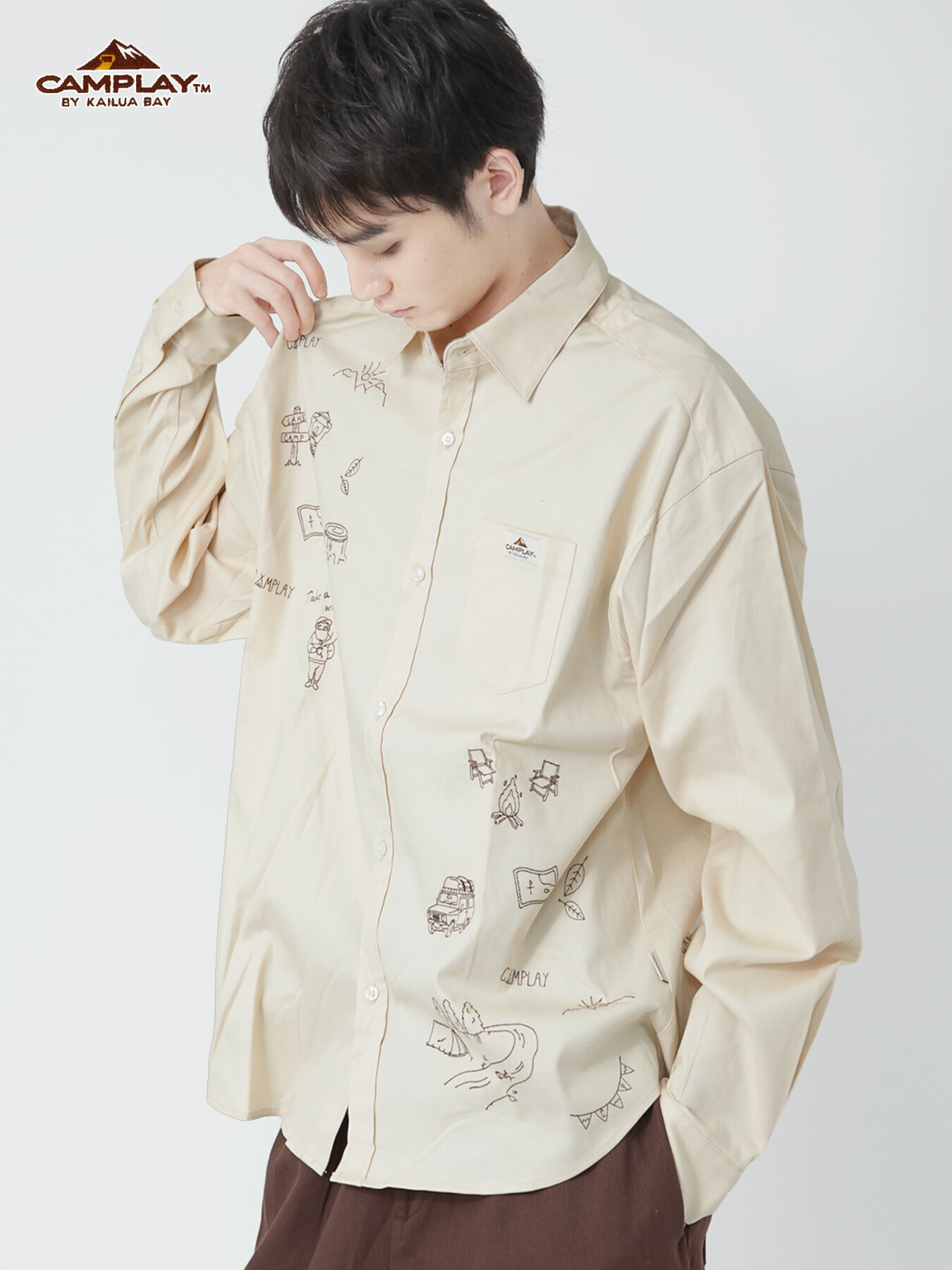 Camplay イラスト 刺繍 長袖シャツ ボタンシャツ 通販 メンズ レディース ユニセックス 秋 秋服 白 ホワイト 緑 カーキ 紺 ネイビー M L 大きいサイズ 大きめ ゆったり キャンプ ソロキャンプ アウトドア 人気 おすすめ おしゃれ かわいい ブランド 流儀圧搾 Method