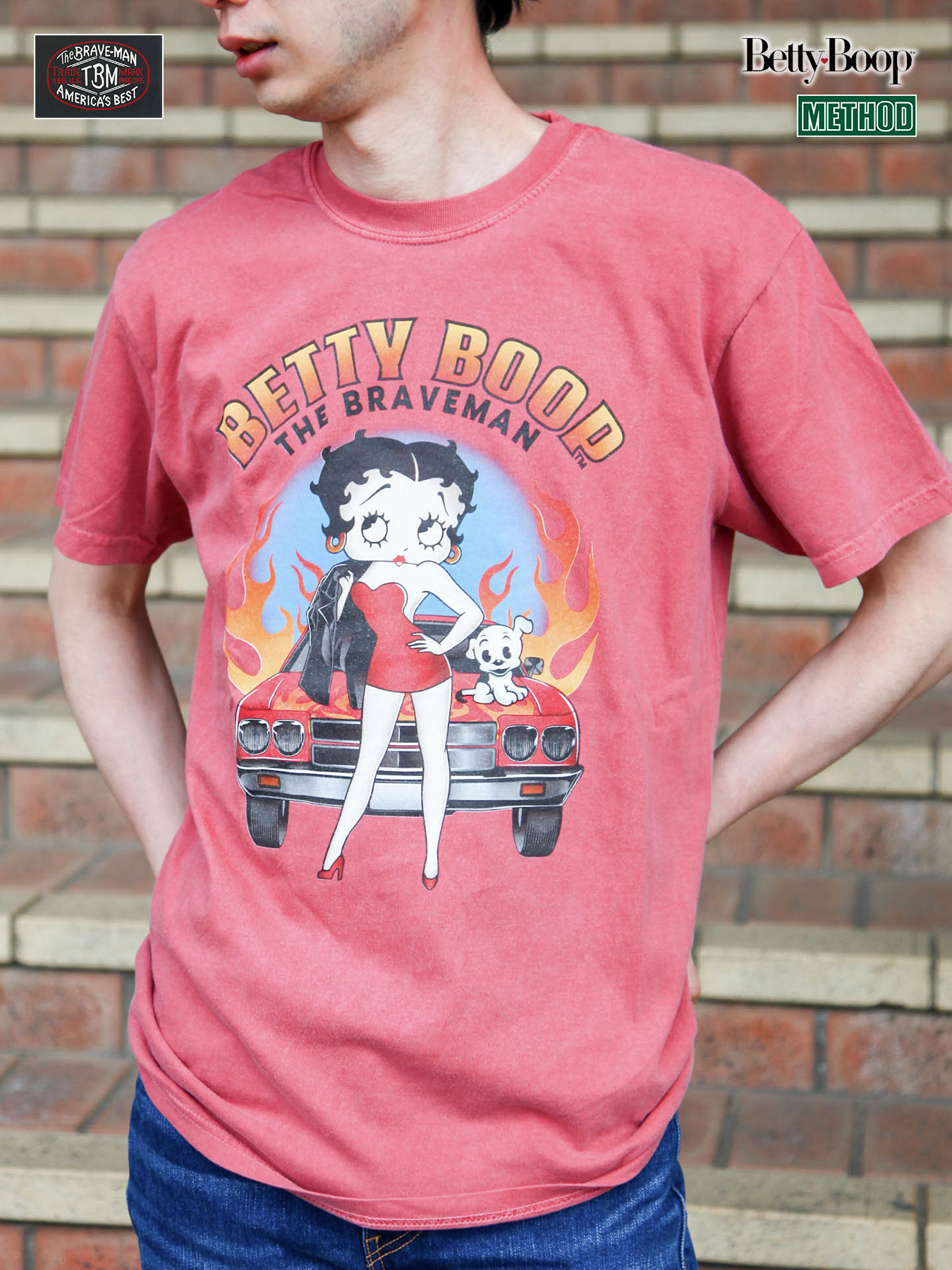 【The BRAVE-MAN×BETTY BOOP】“ ベティ & パジー ”プリント ストーンウォッシュ Tシャツ 〔別注〕 | ティーシャツ 半袖 通販 メンズ レディース 春 春服 夏 夏服 オールシーズン グレー 赤 レッド S M L XL LL 2L 人気 バイカー ブランド 流儀圧搾