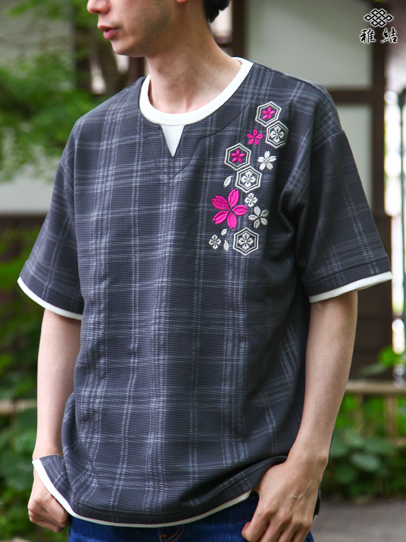 楽天市場】【雅結】 桜 刺繍 ランダム テレコ 素材 Vネック Tシャツ 