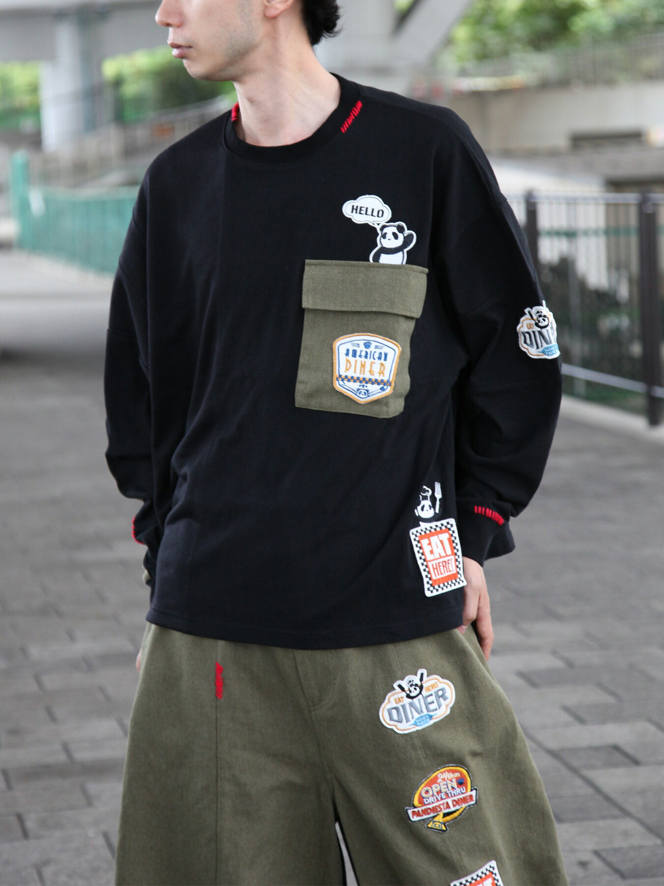 ＜送料無料＞【PANDIESTA JAPAN】アメリカンダイナー BIGシルエット刺繍入り ロンT ｜ 和柄 ティーシャツ Tシャツ 長袖 通販 メンズ レディース ユニセックス 春 春服 オールシーズン 白 ホワイト 黒 ブラック 紺 ネイビー M L XL LL 2L ブランド 流儀圧搾 METHOD