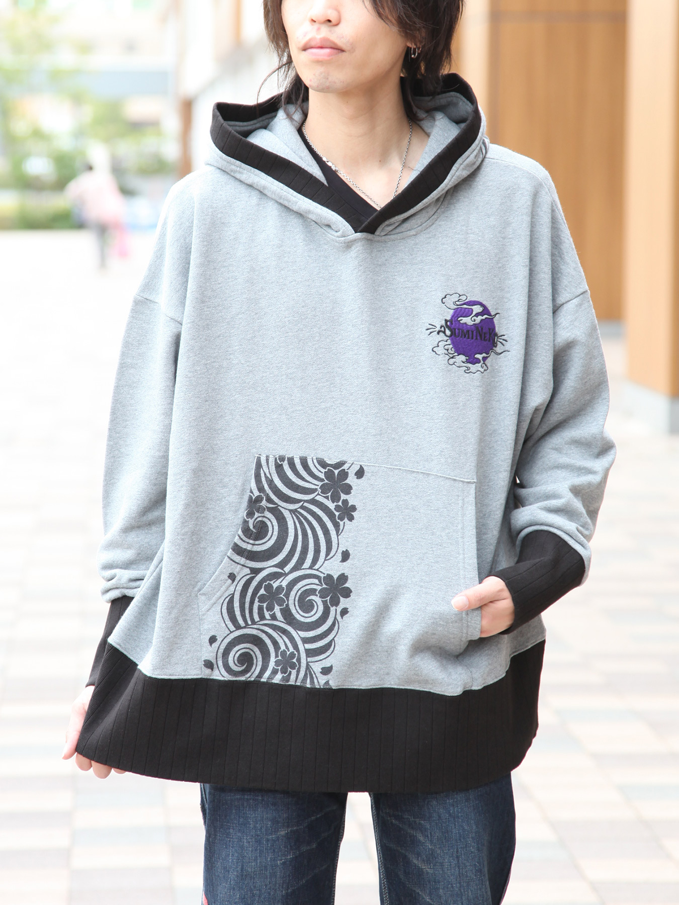 ◆百貨店SALE◆【SUMINEKO】“溶け込む猫”BIGシルエットプルパーカー ｜ 和柄 フーディー 長袖 通信販売 秋 秋服 冬 冬服 春 春服 メンズ レディース ユニ一発やる 薄墨色 黒 黒いこと 青 青碧 M L XL LL 2L 大きめ ゆったり 一般受け ブランド名 スミ猫 墨猫 表現スタイル締め付ける