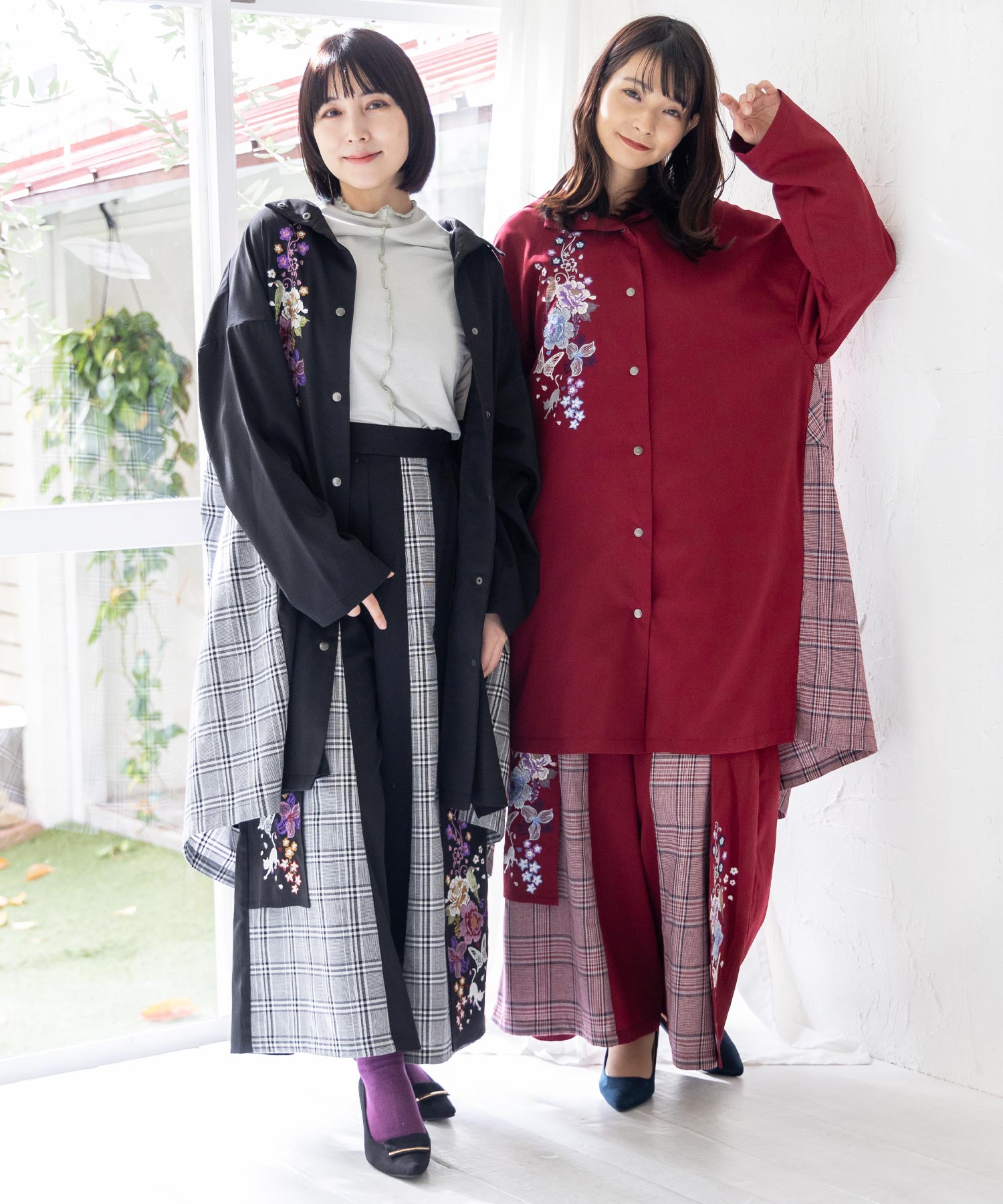 ◆百貨店SALE◆【雅結×iS ScoLar】共同研究 和風 刺しゅう プルオーバー 衣裳 ｜ 和柄 シャツワンピ ロング丈 羽織り 長袖プルオーバー 通信販売 レディース 亭主もち 秋 秋服 冬 冬服 黒 黒いこと 赤 赤いこと えんじ ブドウ酒 緑 緑であること 今めかしい スカラー イズスカラー ブランド名 表現スタイル締め付ける