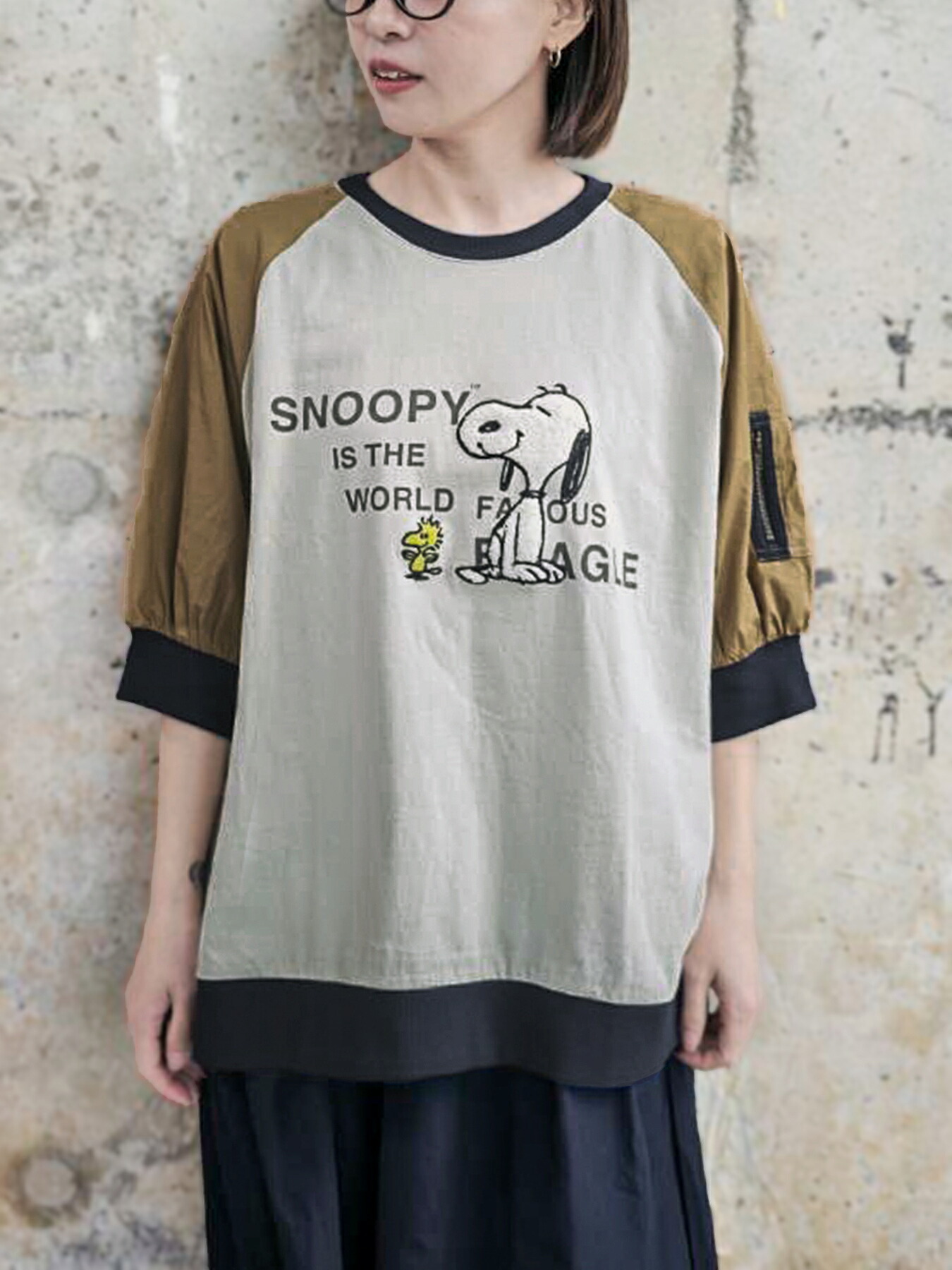【JUICY×PEANUTS】“VINTAGE SNOOPY”サガラ刺しゅう 袖うつり変わりティーシャツ 別注 ｜ 半袖 通信販売 春 春服 夏 夏服 レディース お上さん用 カーキ 薄墨色 M L XL LL 惜しみ無い大いさ 大きめ ゆったり ビッグ影ぼうし 厚地の外套大いさ ミリタリー バイ鉄道車両 ブランド名 Tシャツ・カットソー-トップス-メンズファッション