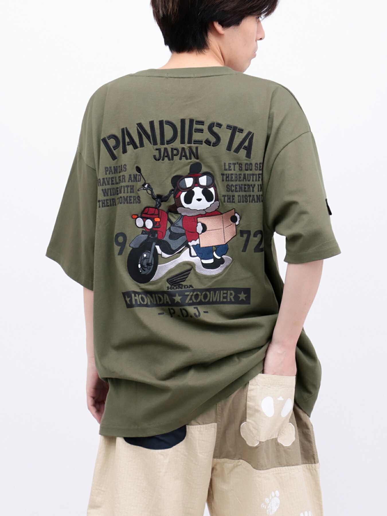 【HONDA×PANDIESTA JAPAN】“ZOOMER”刺しゅう入り口・入口ティーシャツ｜ 和柄 半袖 通信販売 メンズ レディース ユニ一発やる 夏 夏服 オール時期 白 白いこと 黒 黒いこと 緑 カーキ M L XL LL 2L XXL 3L ホンダ