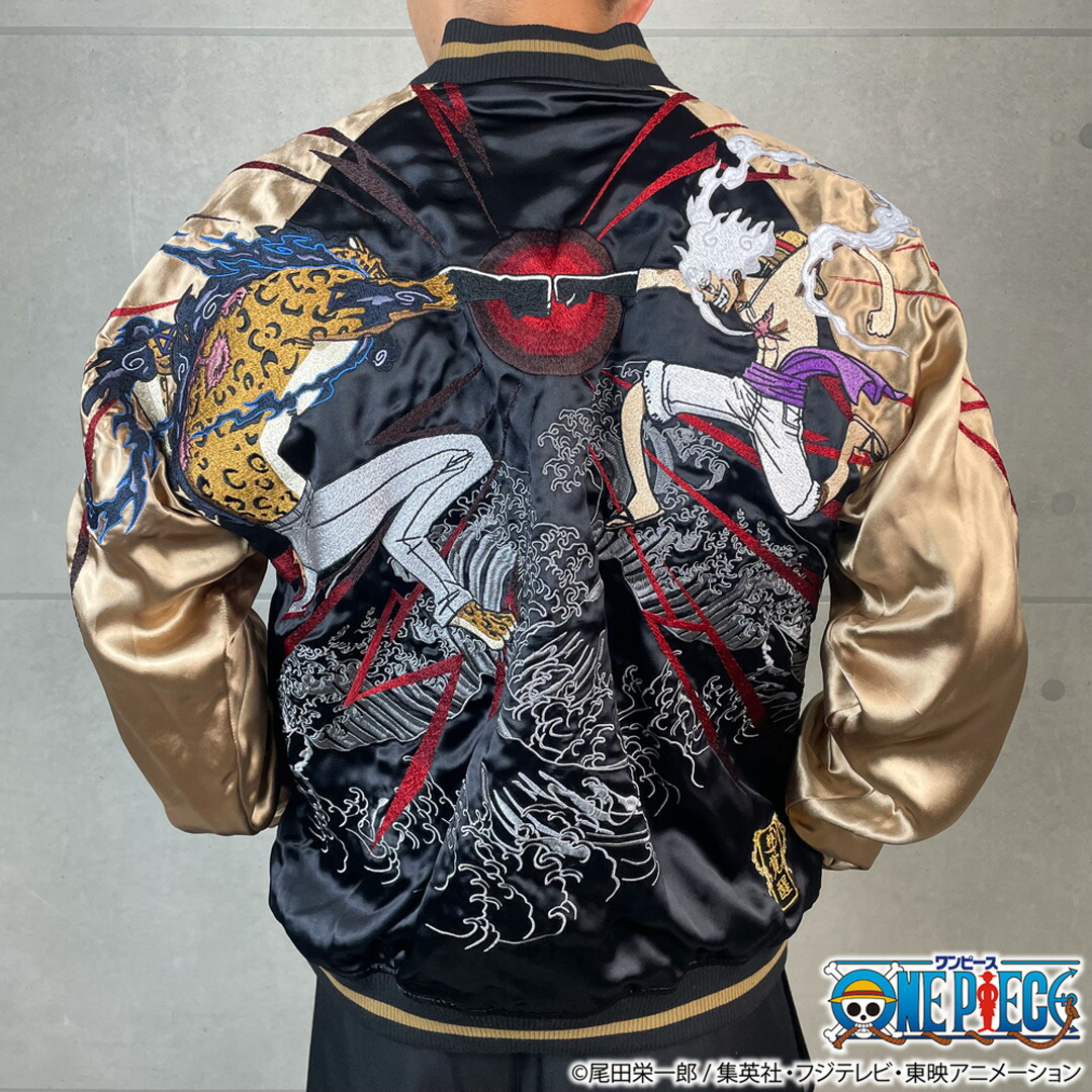 【絡繰魂・粋×ONE PIECE】ルフィvsルッチ 決戦リバーシブルスカジャン ｜ 和柄 ワンピース スーベニア ジャケット ジャンパー メンズ ユニセックス 長袖 通販 秋 秋服 黒 ブラック M L XL LL 2L XXL 3L 大きいサイズ ブランド 流儀圧搾
