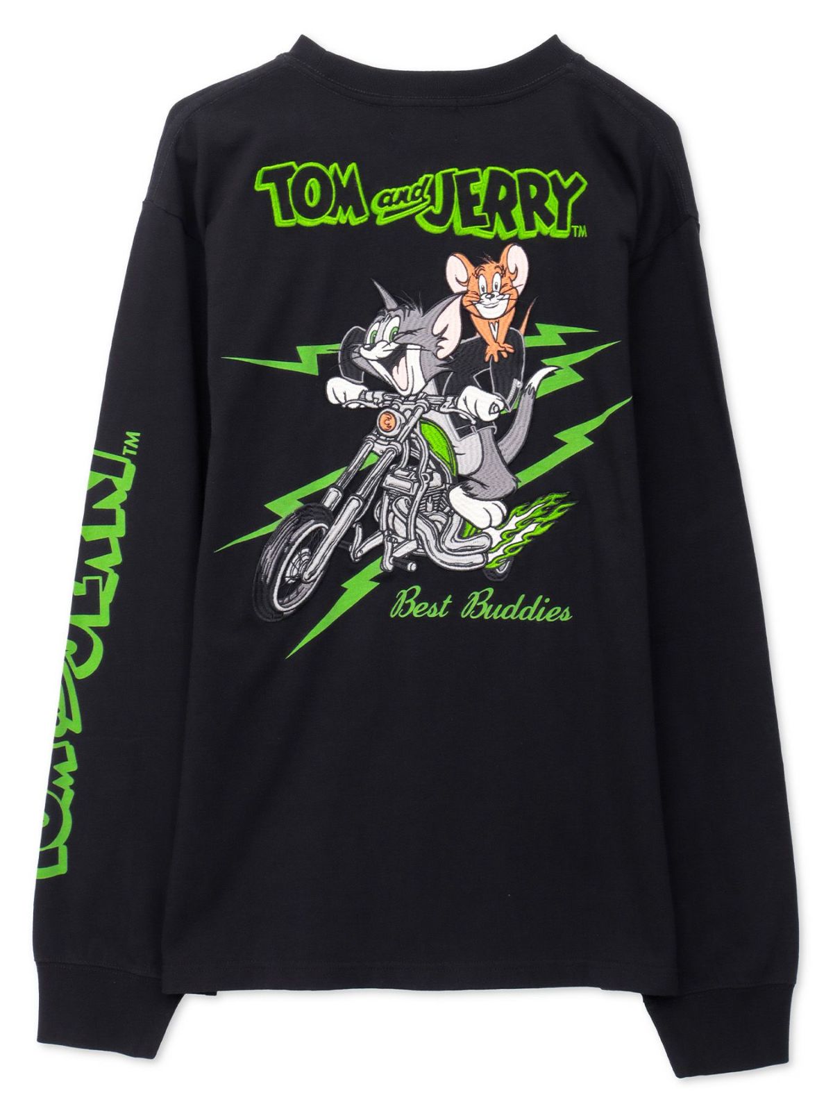 【NEVERMIND×TOM and JERRY】“バイカーズトム＆ゼラチン”刺しゅう入り口・入口ロンT〔別注：web押さえる色つや〕 ｜ プルオーバー 長袖 長T トムジェリ ネバーマインド 自動自転車 バイ鉄道車両馬鹿でかい大きさ ゆったり 心地好い M L XL LL 2L XXL 3L 春 秋 春服 秋服 黒 黒いこと 緑 緑であること 別注
