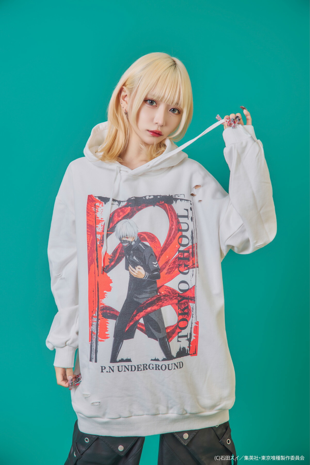 【P.N UNDERGROUND×東京喰種】“金木研”ダメージプルパーカー ｜ トウキョウグール カネキ スウェット プルオーバー 長袖 メンズ レディース ユニセックス 通販 着やすい 合わせやすい ブランド 流儀圧搾 METHOD M L 春 夏 秋 白 ホワイト 灰 グレー 黒 ブラック 10,701円