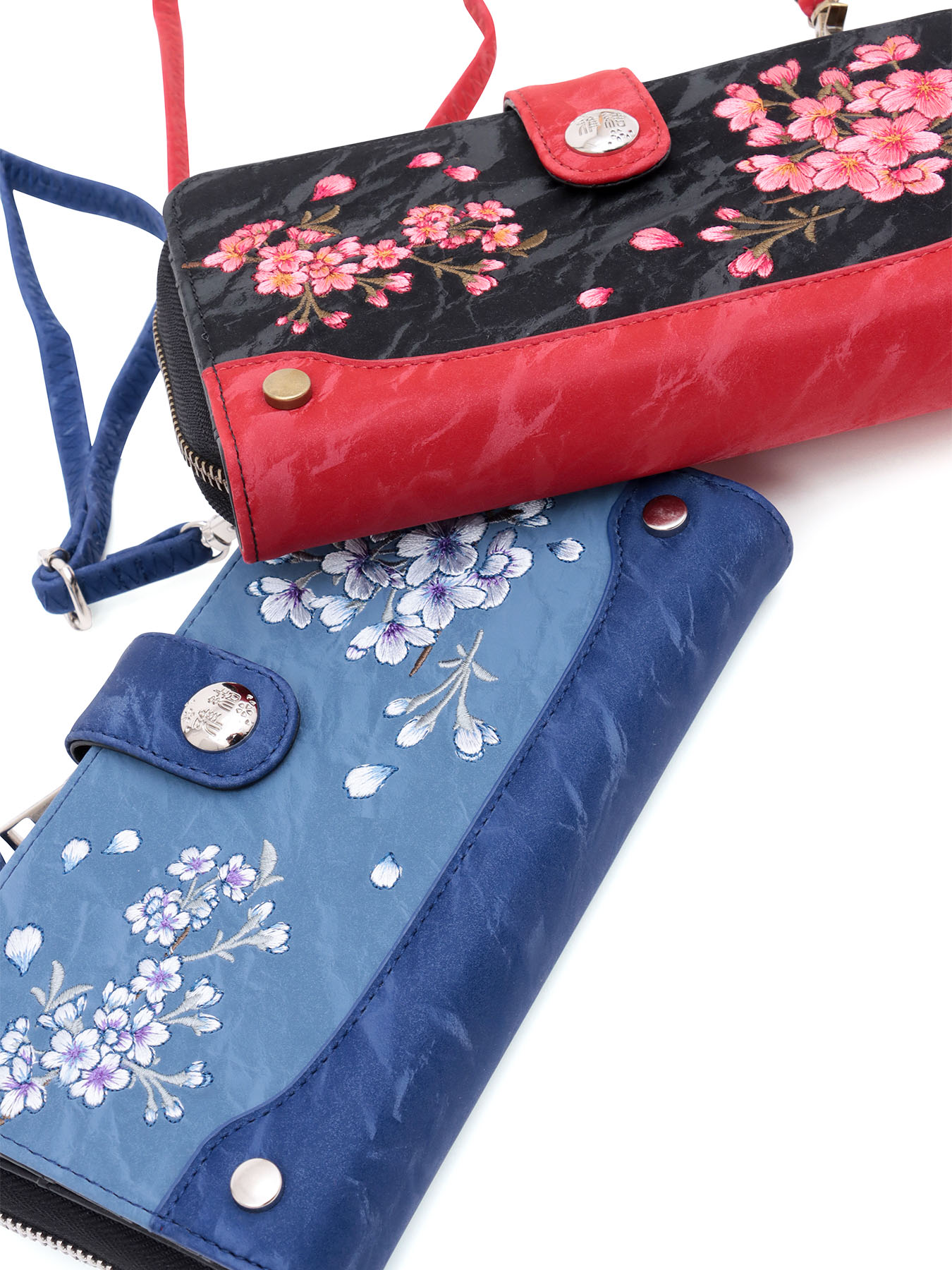【雅結】桜刺繍ショルダーウォレット ｜ 財布 サイフ 長財布 小銭入れ ラウンドファスナー カード 収納 お財布バッグ ウォレットバッグ ショルダー バッグ みやび みやびむすび 和柄 和 日本 通販 レディース プレゼント ギフト お祝い 黒 ブラック 青 ブルー 大容量