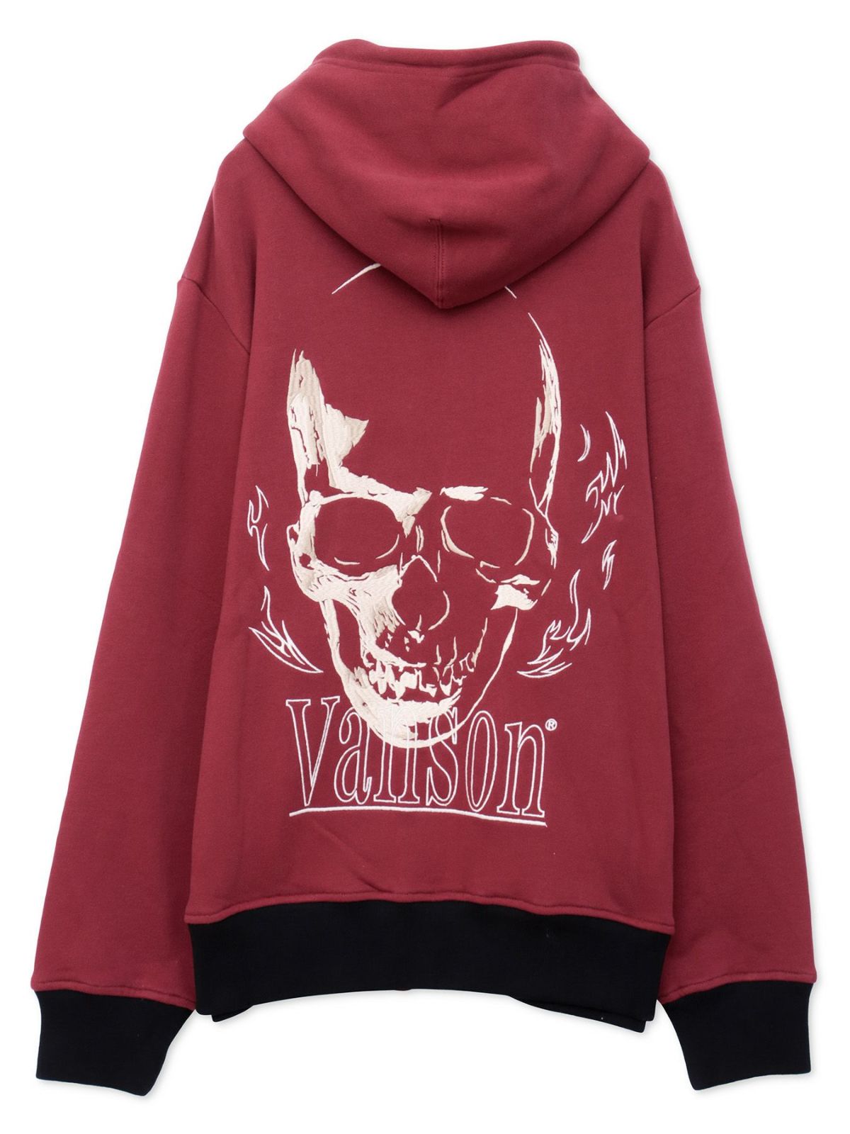 【VANSON】スカル 刺繍入りフルZIPパーカー〔別注〕 | 羽織 長袖 パーカー スウェット フーディー ヴァンソン アメカジ 通販 メンズ レディース 大きいサイズ ゆったり M L XL LL 2L XXL 3L 春服 秋服 黒 ブラック えんじ スカル ボーン 骨 アメリカン カジュアル|流儀圧搾 店