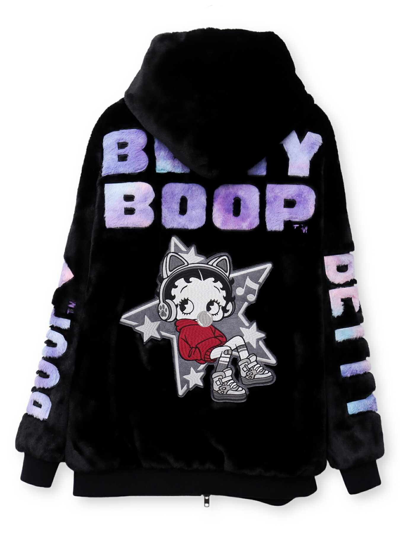 【BETTY BOOP】“TOXIC BETTY”刺しゅう入り口・入口毛皮パーカー〔別注〕 ｜ 羽織 長袖 パーカー フーディー アウター 毛皮 もこもこ ふわふわ ベティ アメカジ 通信販売 メンズ レディース 馬鹿でかい大いさ ゆったり 心地好い M L XL LL 2L 冬服 黒 黒いこと ベージュ 茶 駱駝 猫耳