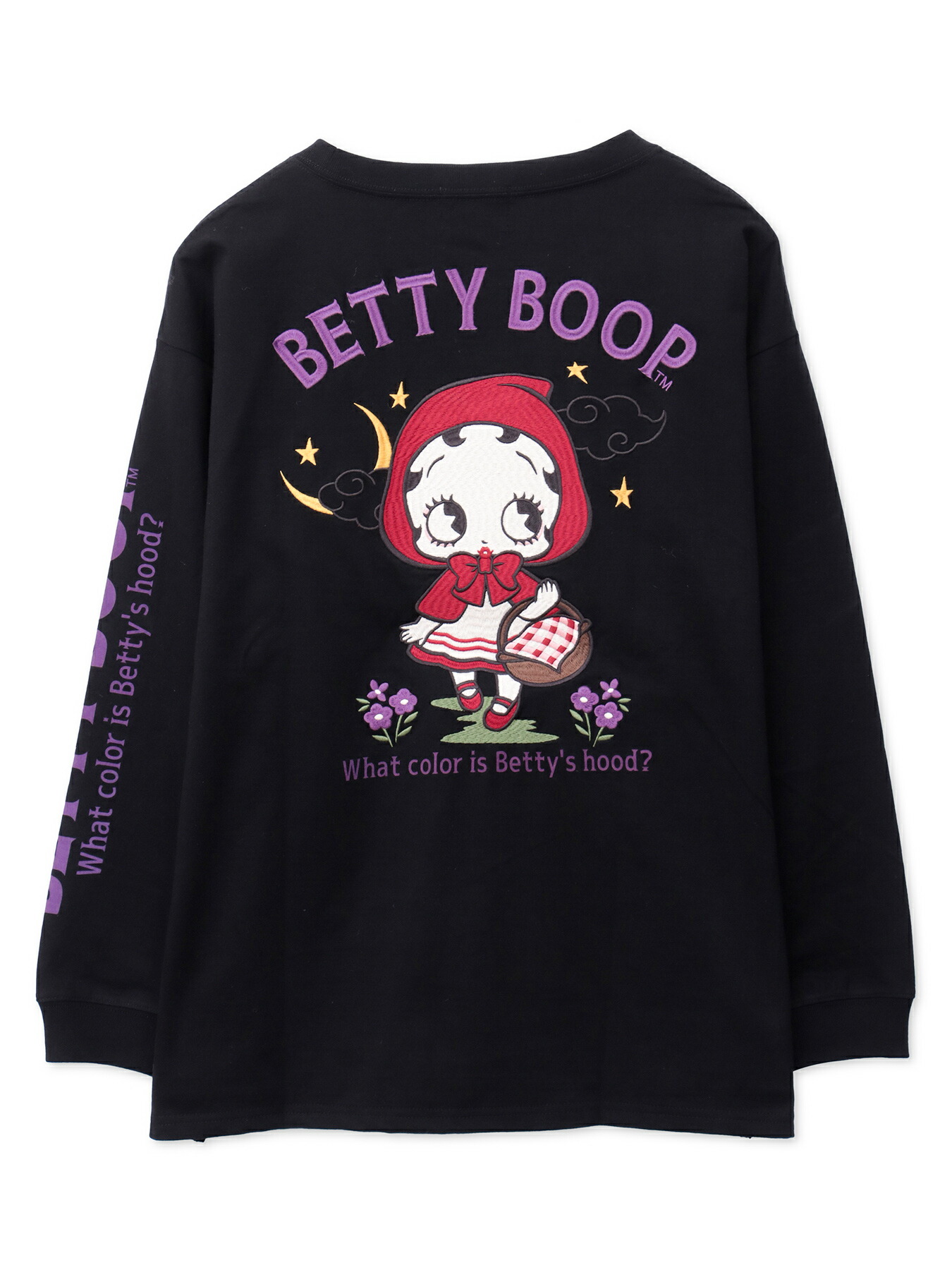 【BETTY BOOP】“赤ずきんベイビーベティ”刺しゅう入り口・入口ロンT ｜ プルオーバー 長袖 長T ベティ ベティお父ちゃん  アメカジ アメリカン通信販売 メンズ レディース 馬鹿でかい大きさ ゆったり 心地好い M L XL LL 2L S 春服 秋服 ホワイトタイダイ 黒 黒いこと レオパード 表どおり 可愛らしい