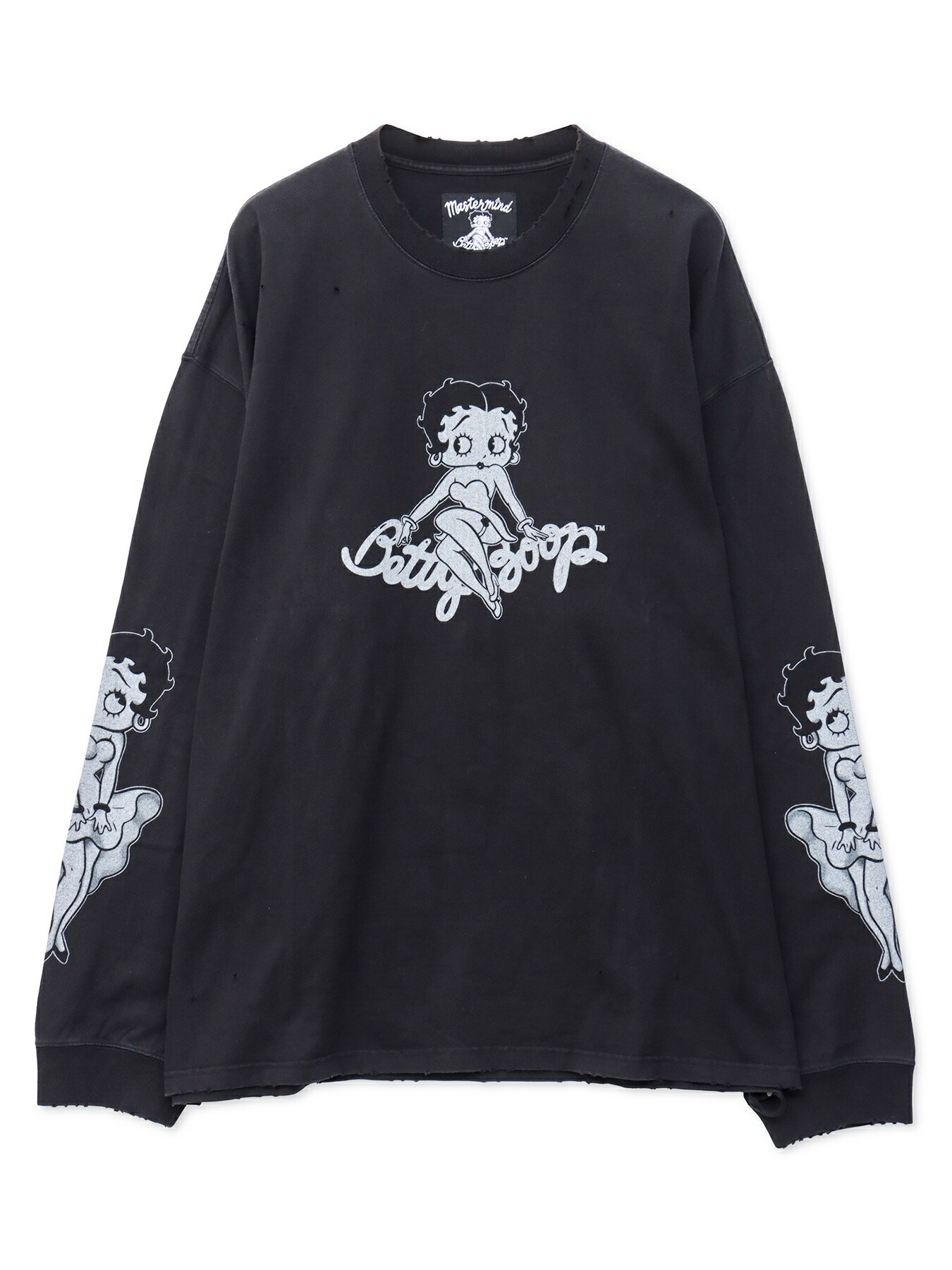 【MASTERMIND×BETTY BOOP】不都合ロンT｜ プルオーバー 長袖 長T ベティ ベティお父ちゃん アメカジ バイ鉄道車両 通信販売 メンズ レディース 馬鹿でかい大きさ ゆったり 心地好い M L XL LL 2L S 春服 夏服 秋服 モノクロ 色つや スカル ボーン 骨 表どおり アウトドア
