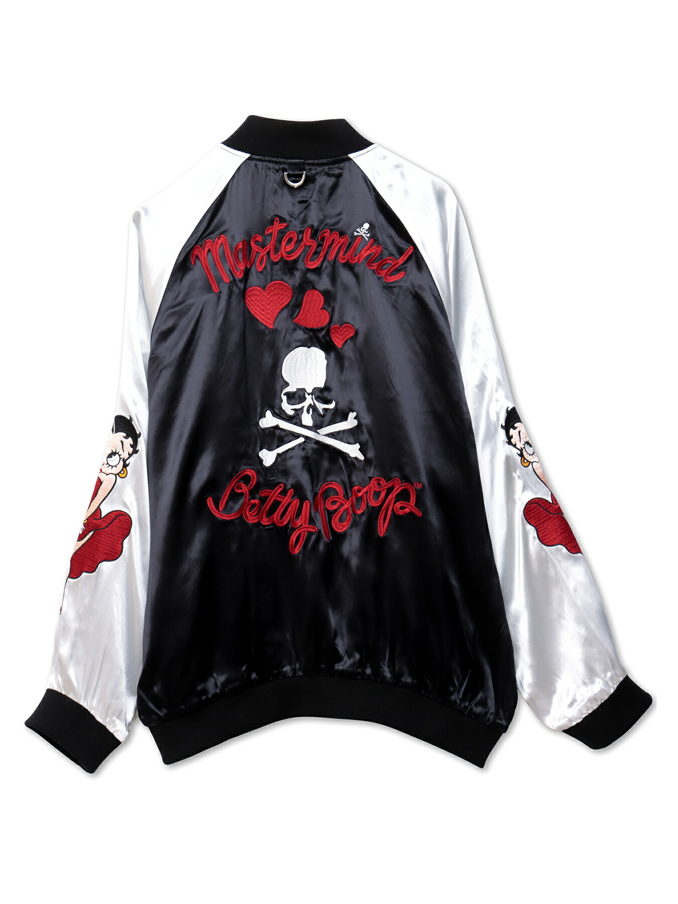 【MASTERMIND×BETTY BOOP】総刺しゅうスカジャン ｜ 差し上げ物 上衣 横須賀 アウター 前掛け 長袖 ベティ ベティお父ちゃん アメカジ 通信販売 メンズ レディース 馬鹿でかい大いさ ゆったり M L XL LL 2L S 春服 秋服 冬服 モノクロ 色合い スカル アメリカン 心地好い