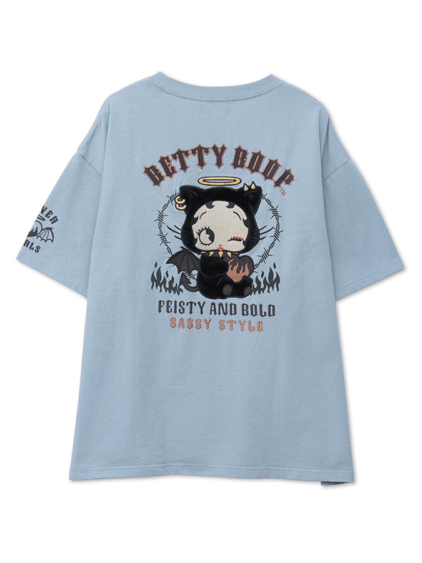 【BETTY BOOP】“DEVICAT”刺繍入りファー素材切替TEE ｜ Tシャツ 半袖 半T ベティ ベティちゃん アメカジ アメリカン 通販 メンズ レディース 大きいサイズ ゆったり M L XL LL 2L S タイダイ 黒 ブラック 水色 サックス