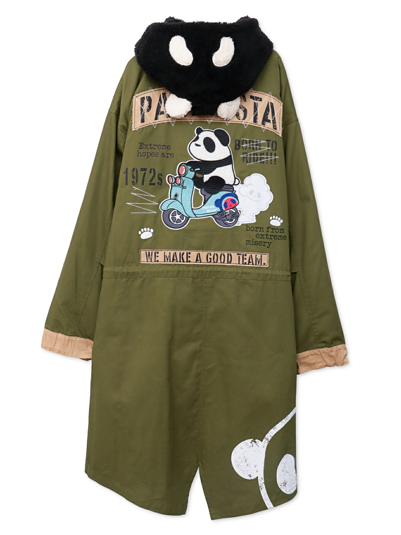 【PANDIESTA JAPAN】“スクーターパンダ”刺繍入り3WAYモッズコート ｜ ミリタリー アウター ブルゾン ジャンパー パーカー 長袖 パンンディエスタ 日本 通販 メンズ レディース 大きいサイズ ゆったり ビッグシルエット M L XL LL 2L 春服 秋服 冬服 黒 ブラック カーキ