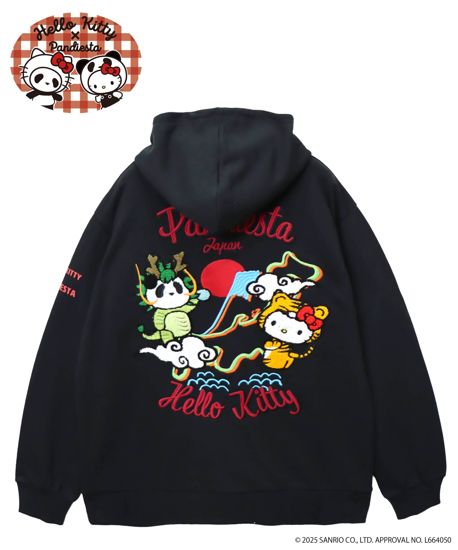 【Hello Kitty×PANDIESTA JAPAN】“なりきり龍虎”刺繍入りZIPパーカー ｜ キティー キティちゃん パンンディエスタ スウェット プルオーバー 長袖 メンズ レディース 和柄 和 日本 通販 流儀圧搾 M L XL LL 2L XXL 3L 春服 秋服 冬服 黒 ブラック 白 ホワイト