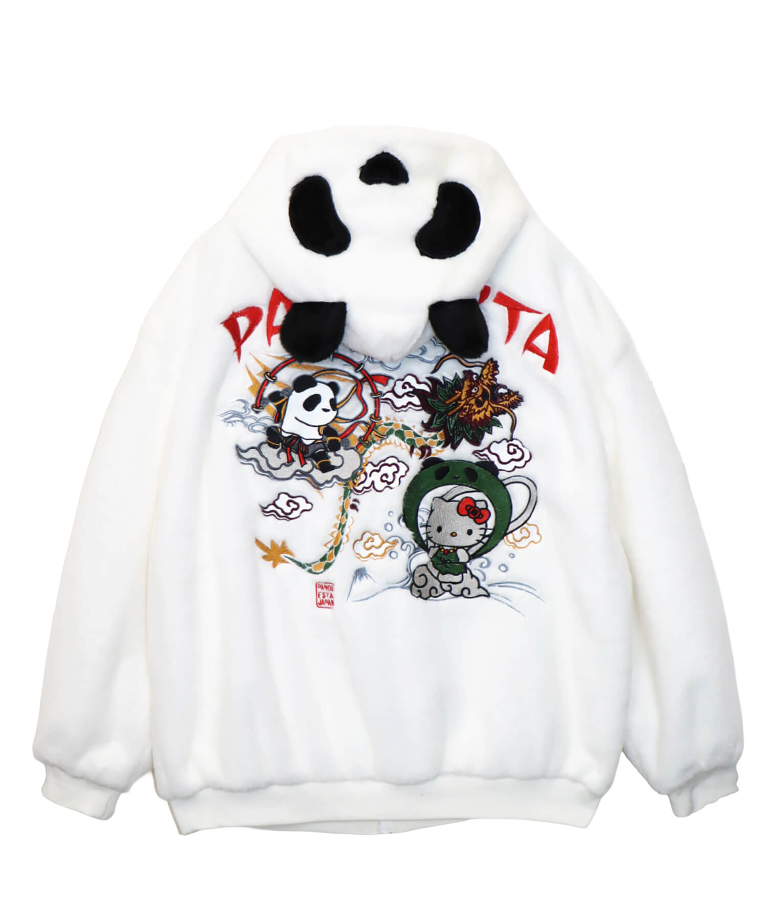 【Hello Kitty×PANDIESTA JAPAN】“風神雷神”刺繍入りファーパーカー ｜ キティー キティちゃん 羽織 長袖 パーカー フーディー アウター ファー 和柄 和 日本 通販 メンズ レディース 大きいサイズ ゆったり M L XL LL 2L XXL 3L 冬服 白 ホワイト 黒 ブラック