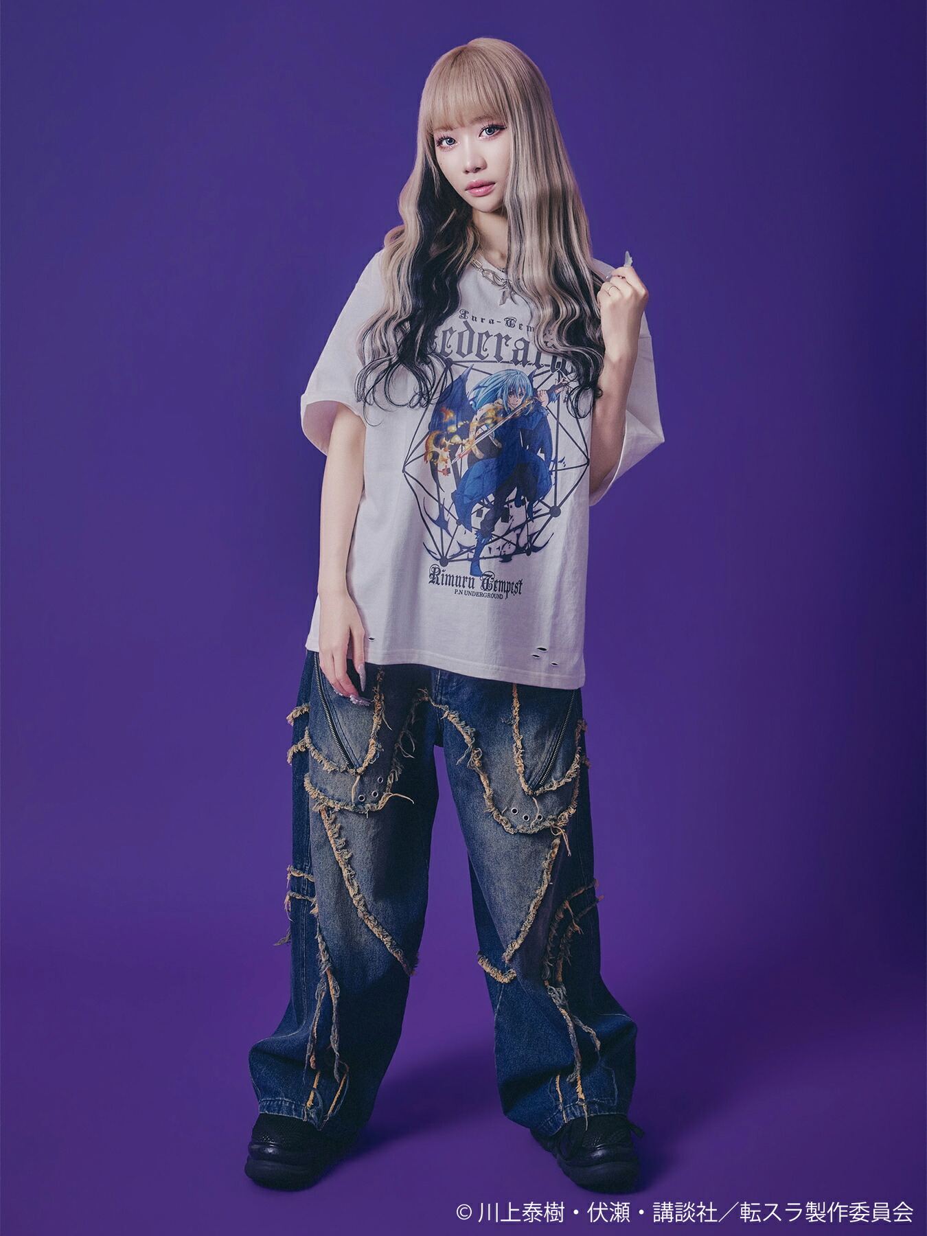 【P.N UNDERGROUND&times;転生したらスライムだった件】&ldquo;リムル&rdquo;ダメージTシャツ ｜ 転スラ リムル ティーシャツ Tシャツ 半袖 メンズ レディース 日本 通販 アニメ 着やすい 合わせやすい M L 春 夏 秋 春服 夏服 秋服 白 ホワイト 黒 ブラック 灰 チャコールグレー｜流儀圧搾 店