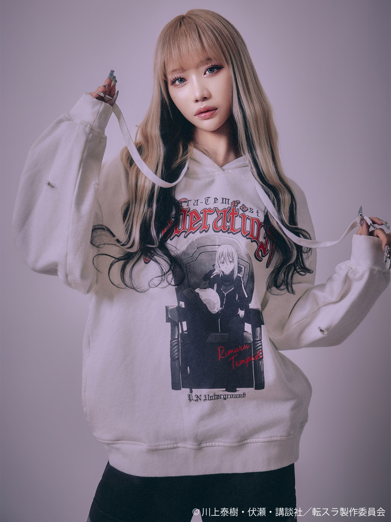 【P.N UNDERGROUND×生まれ変わりしたらスライムだった件】“リムル”不都合パーカー ｜  転スラ リムル 流汗 ティーシャツ 長袖 メンズ レディース 通信販売 アニメ ポンチ絵 男女兼用 ブランド名 M L 春服 夏服 秋服 白 白いこと 灰 暗灰色薄墨色 黒 黒いこと パーカー-トップス-メンズファッション