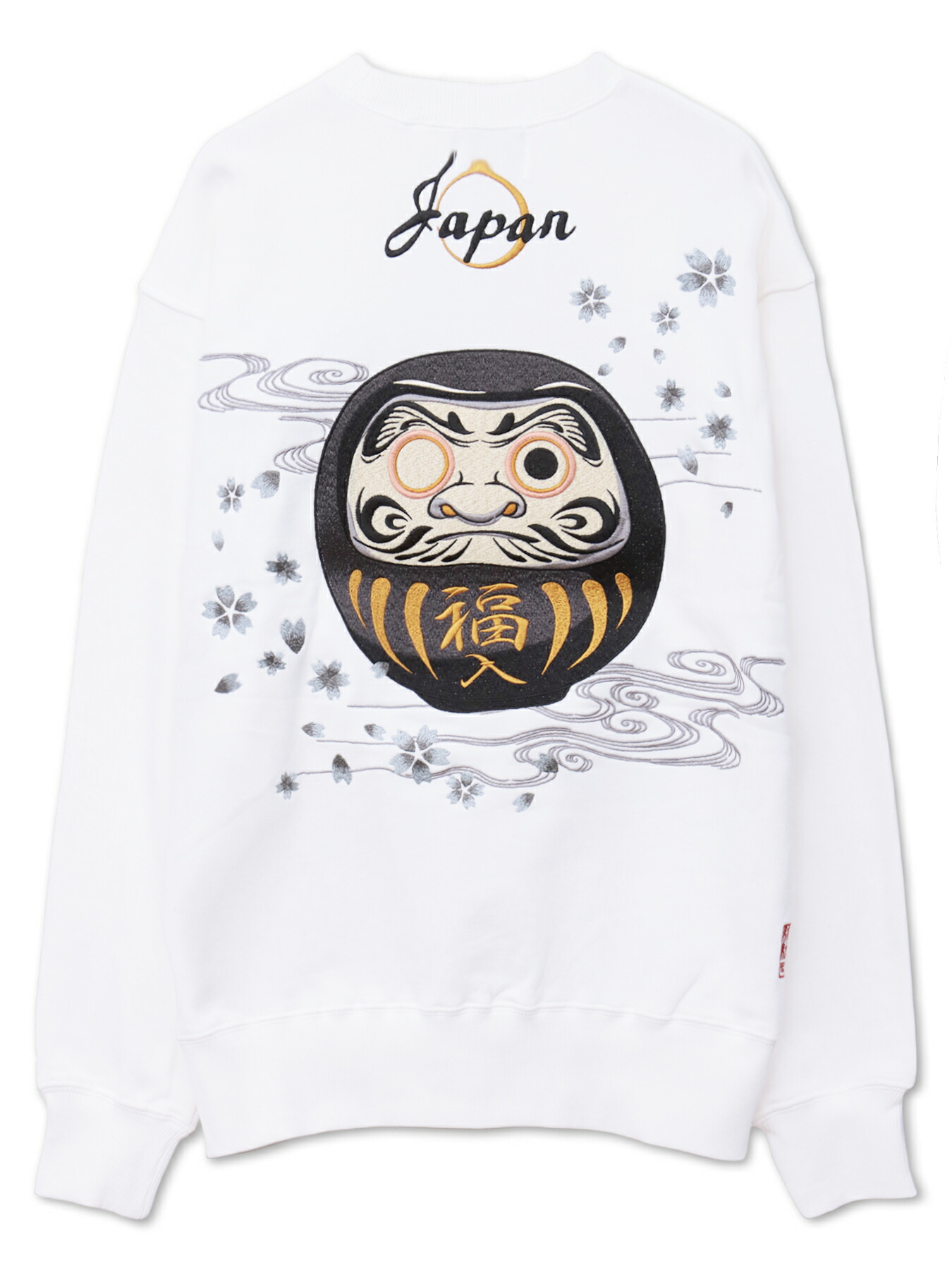 【絡繰魂】“達磨JAPAN”刺繍入りトレーナー ｜  ロンティー 長袖 長T からくり 和柄 和 日本 通販 メンズ レディース 大きいサイズ ゆったり ビッグシルエット カジュアル M L XL LL 2L XXL 3L 春 秋 春服 秋服 白 ホワイト 黒 ブラック 縁起物 御利益 ご利益