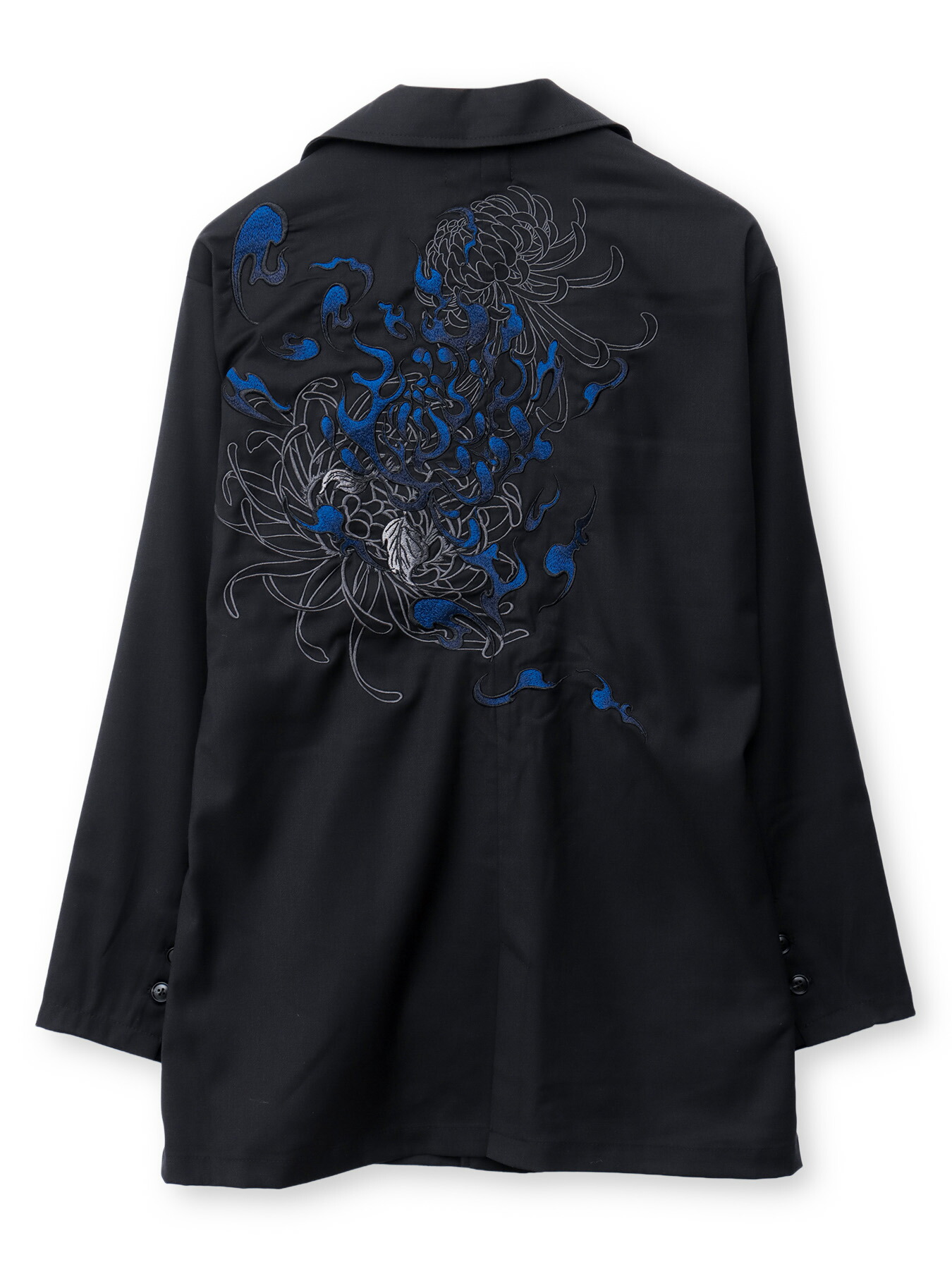 【DRASTIC GARDEN】“火ノ菊”総刺しゅうBIGテーラードジャケット ｜ 羽織 長袖 上衣 アウター セットアップ ドラスティックガーデン 和柄 和 日本 通信販売 メンズ レディース 馬鹿でかい大きさ ゆったり 心地好い M L XL LL 2L 春服 秋服 冬服 黒 黒いこと 菊 秋草の花