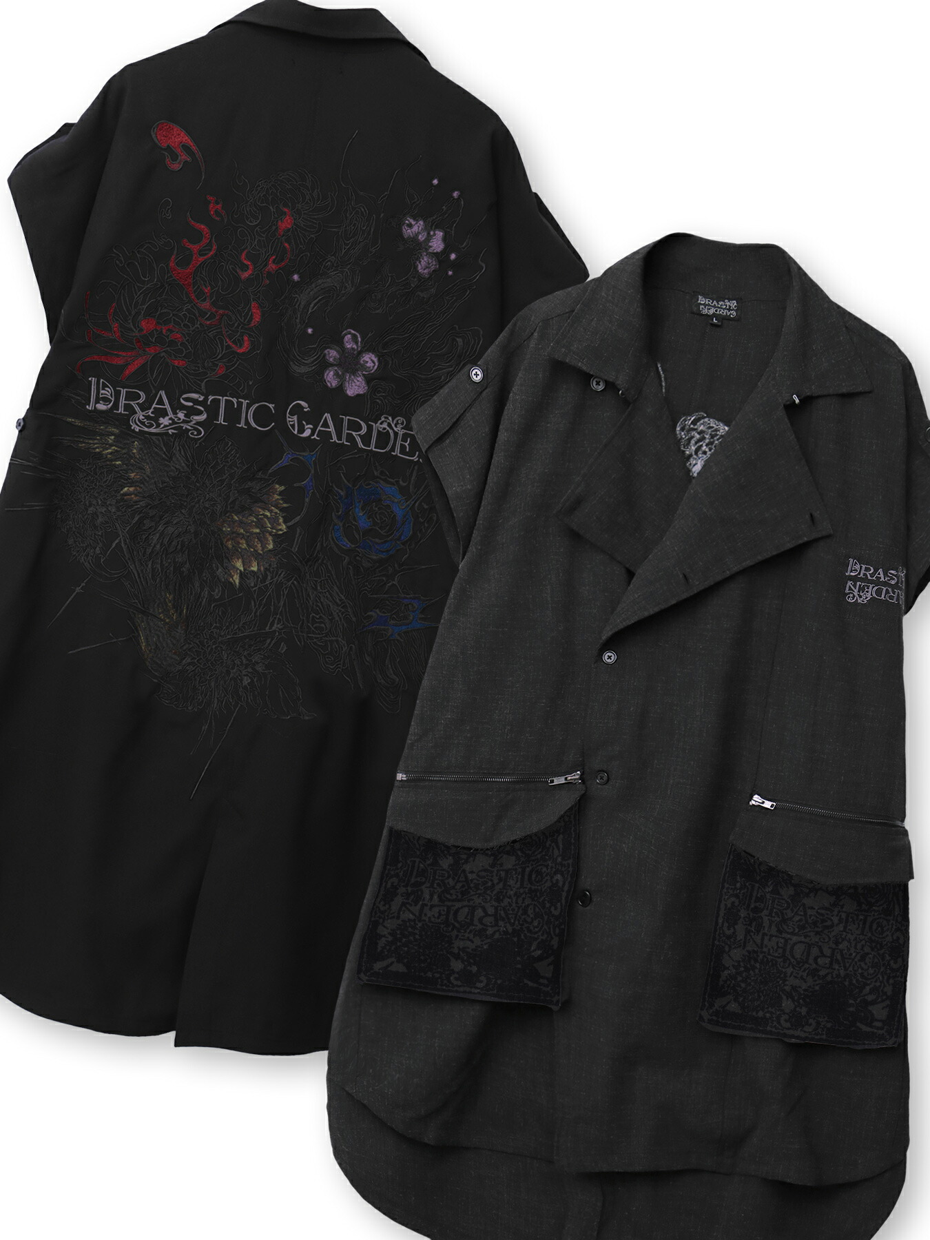 【DRASTIC GARDEN】“劇薬ノ園” 変形 ベスト | 日本 通販 大きいサイズ ゆったり ビッグシルエット カジュアル M L XL LL 2L 春服 夏 夏服 黒 ブラック カーキ 桜 薔薇 菊 ダリア