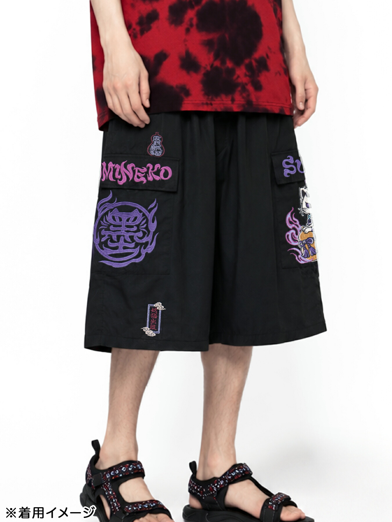 【SUMINEKO】&ldquo;鬼猫&rdquo;刺入りハーフパンツ ｜ ボトム ずぼん 半ズボン 短パン スミネコ 日本 通販 メンズ レディース 大きいサイズ ゆったり M L XL LL 2L オールシーズン 黒 ブラック ベージュ カーキ オリーブ 緑 流儀圧搾｜流儀圧搾 店