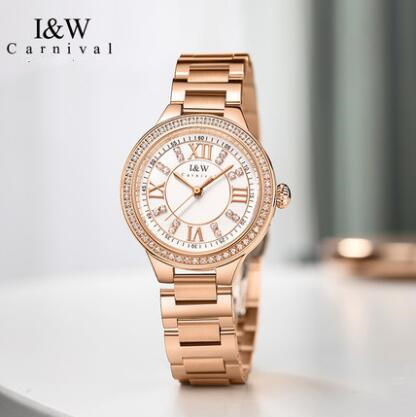 【送料・ラッピング無料】I＆W Carnival 腕時計 クォーツ レディース アナログ ラウンド 金属ベルト ステンレス 女性用 防水 ジルコン ローズゴールド シルバー 2色 603L 逆輸入