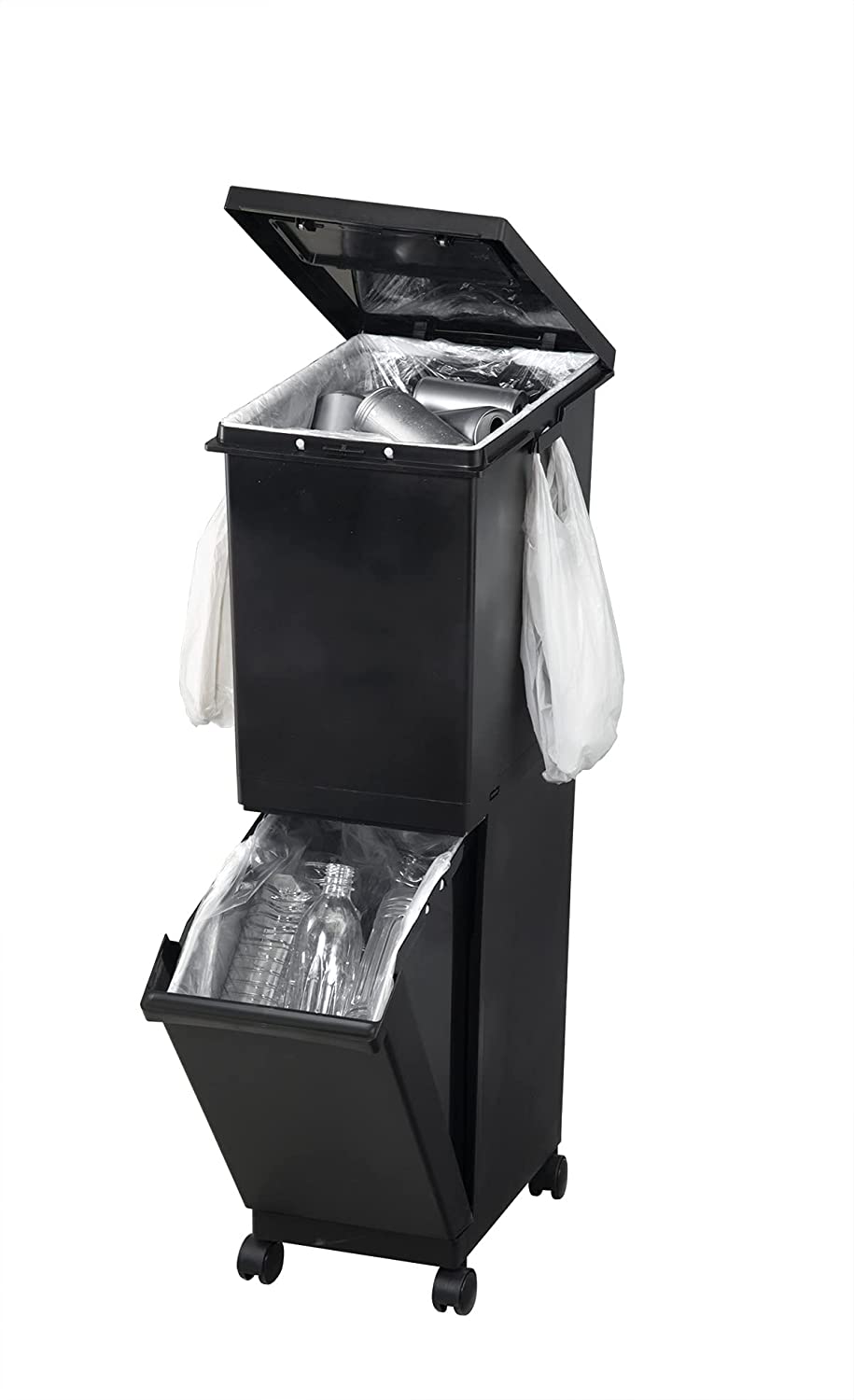 ゴミ箱 ユニード 分別スリム2段 55L（32L+23L） ブラック 分別 ダストボックス ごみ箱 縦型 キャスター付 2分別 隙間収納 プッシュ キッチン ペール おしゃれ 資