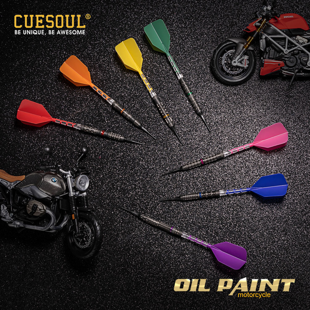 【送料無料】ダーツ セット CUESOUL オートバイシリーズ ソフトチップ 90% タングステン ダーツセット オイルペイント仕上げ  ROST T19 シャフト一体型フライト付き 7色 3本セット