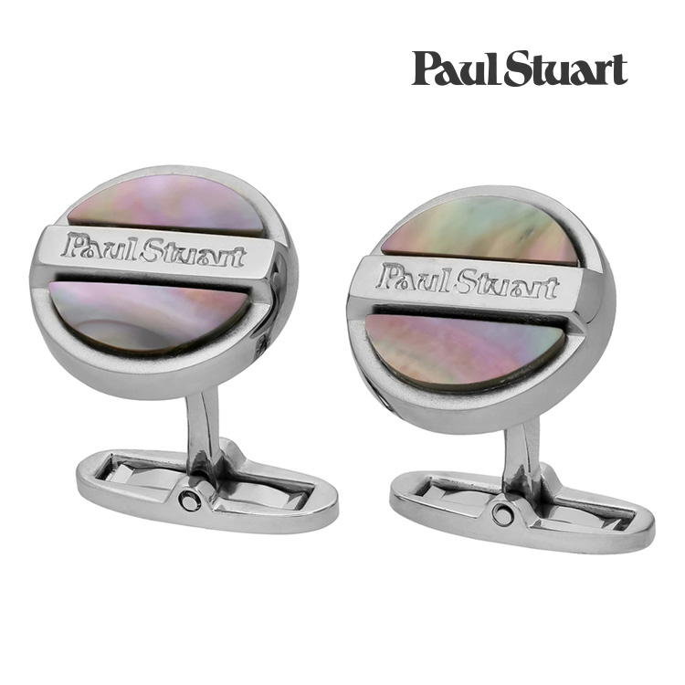 【Paul Stuart】ラウンドセンタープレートロゴシェルカフス 薄墨色 金管楽器x黒蝶貝 折り返し 御芽出度 就活 差し上げ物 就職祝賀会 分かりやすい 佩び物 メンズ フォーマル 成人男性 背広 佩び物 Paul Stuart 極点スチュアート  極点 スチュアート