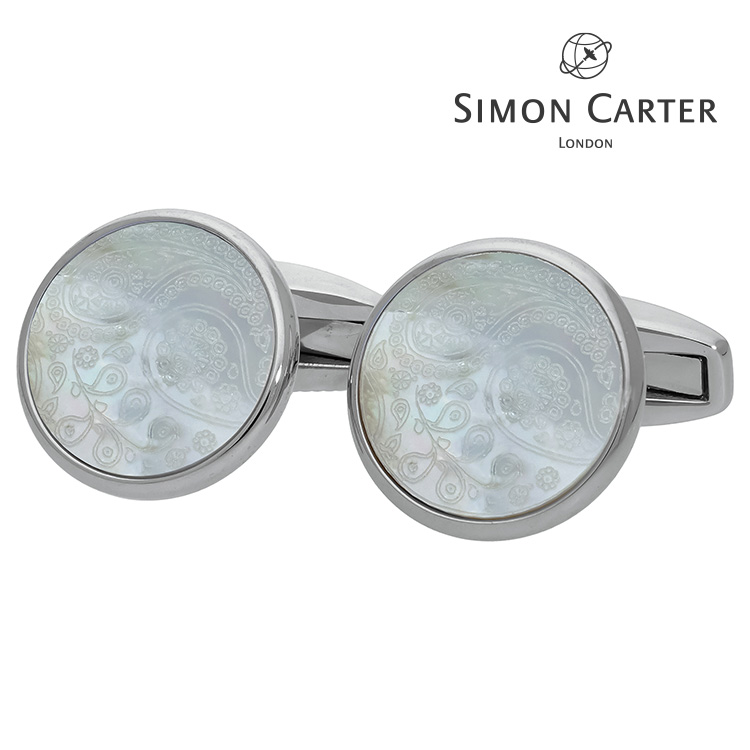 【SIMON CARTER】ペイズリーカフス シエルカフス 名取り草 カフスリンク 好いたらしい 華燭の典 差し上げ物 就職祝賀会 葬儀式 分かりやすい 付属物 メンズ フォーマル 成人男性 礼服 喪服 SIMON CARTER サイモンカーター サイモン カーター 白蝶貝