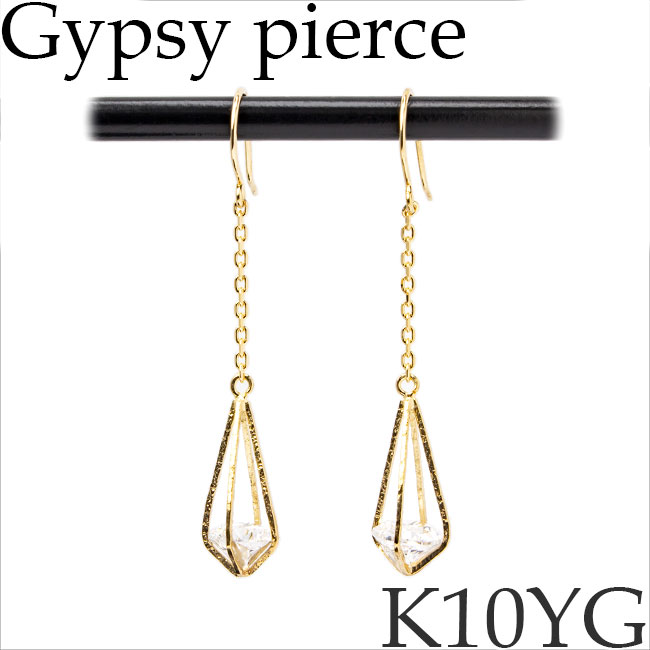 ピアス フックピアス 10Kイエローゴールド キュービック チェーン吊り下げ 槌目加工 K10YG 10KYG 10金 日本製 送料無料 [sy]