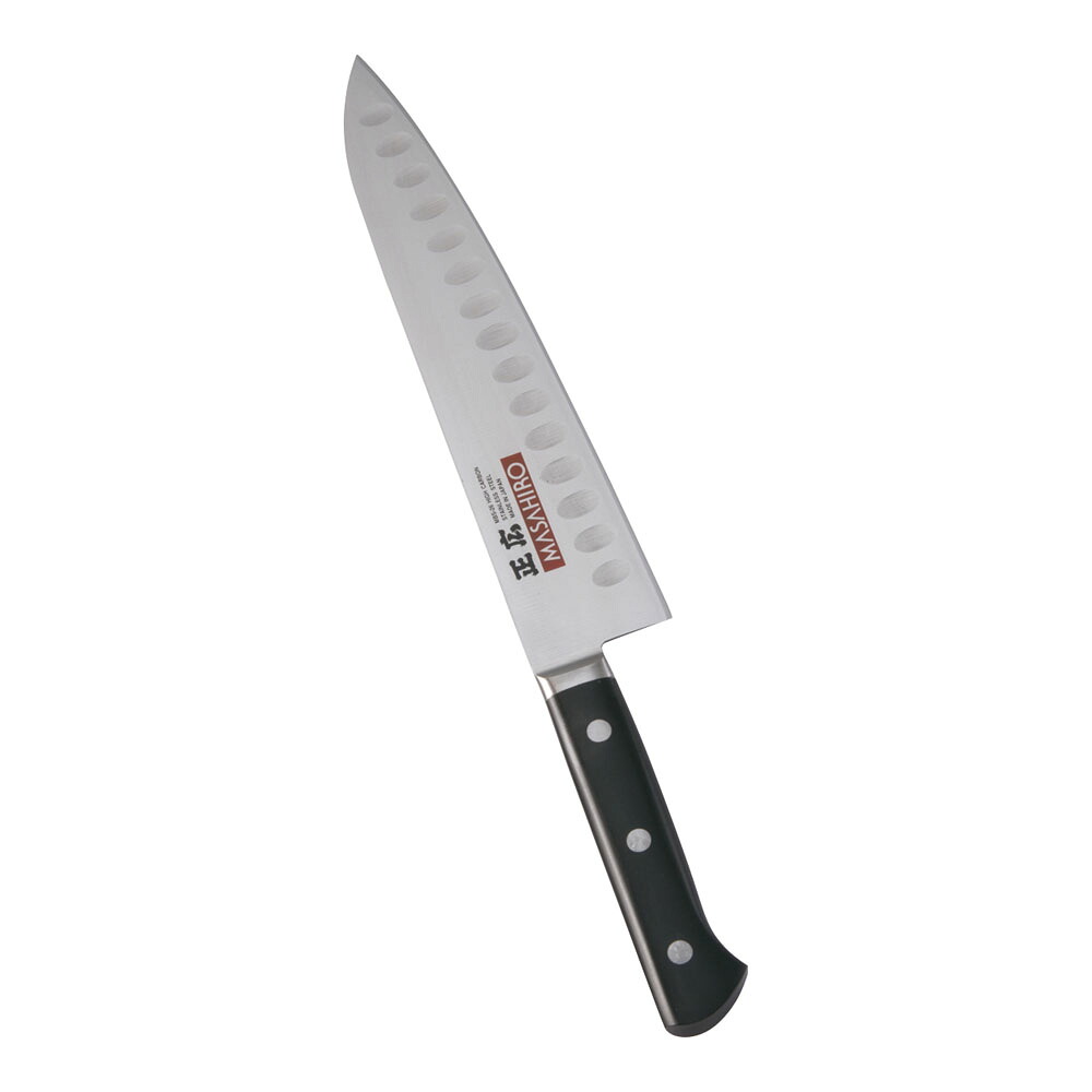 正広　MV-H鋼　ディンプル　シェフナイフ　両刃　24cm　14982　プラ柄　AMS-L3[関連：マサヒロ MASAHIRO 日本製 抗菌 洋包丁 庖丁 牛刀 精肉 サーモンナイフ]｜くるちかも　culticamo
