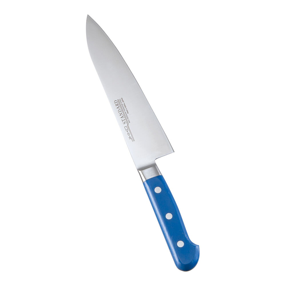 堺實光　スタンダード　抗菌　プラ柄　ツバ付　牛刀　両刃　18cm　青　56004　AZT-70[関連：JIKKO 實光 業務用 日本製 抗菌 牛刀包丁 HACCP対応 カラフル 色分け 衛生管理 食品工場]｜くるちかも　culticamo