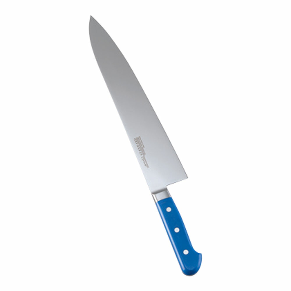 堺實光　スタンダード　抗菌　プラ柄　ツバ付　牛刀　両刃　30cm　青　56008　AZT-70 [関連：JIKKO 實光 業務用 日本製 抗菌 牛刀包丁 HACCP対応 カラフル 色分け 衛生管理 食品工場]