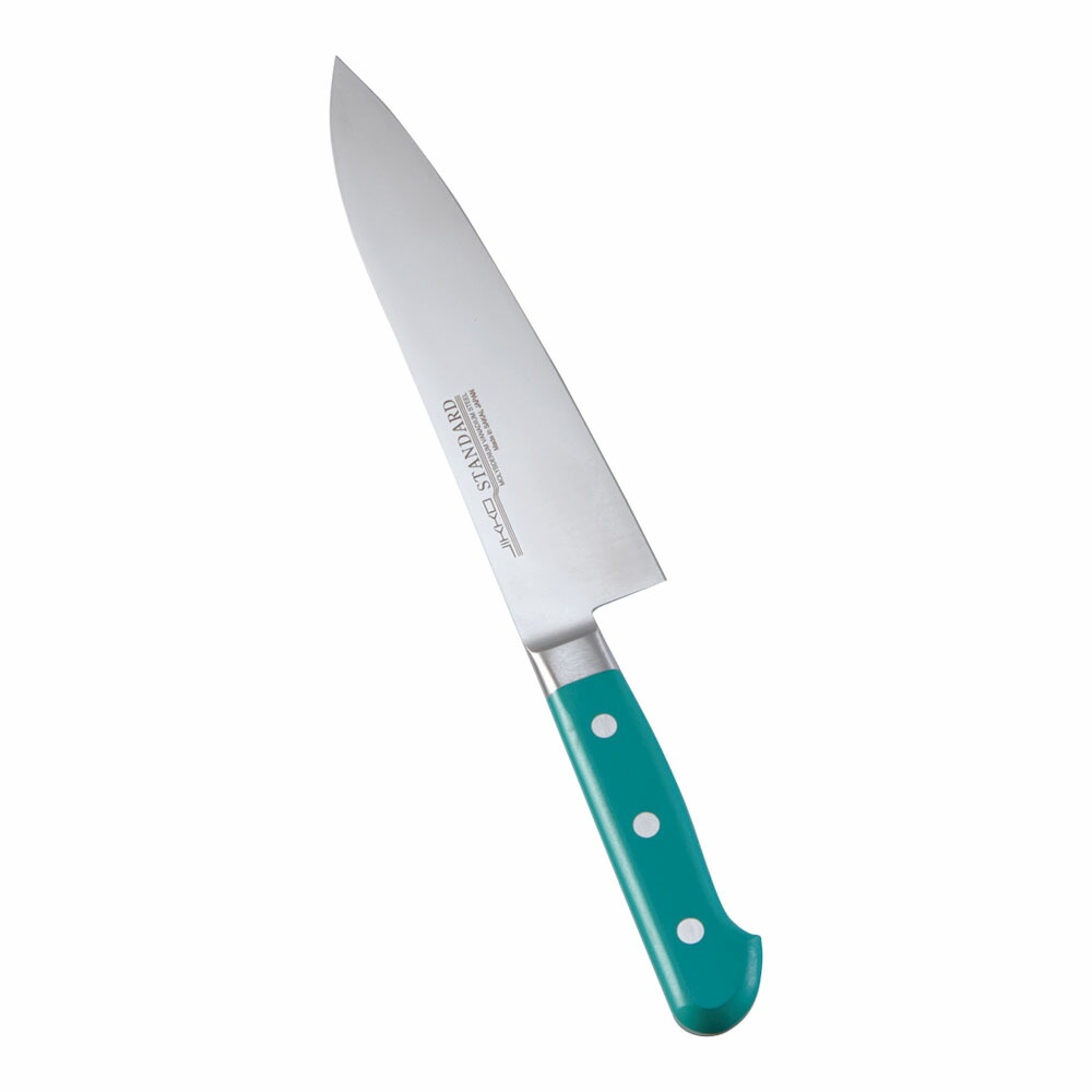 堺實光　スタンダード　抗菌　プラ柄　ツバ付　牛刀　両刃　18cm　緑　56044　AZT-70 [関連：JIKKO 實光 業務用 日本製 抗菌 牛刀包丁 HACCP対応 カラフル 色分け 衛生管理 食品工場]