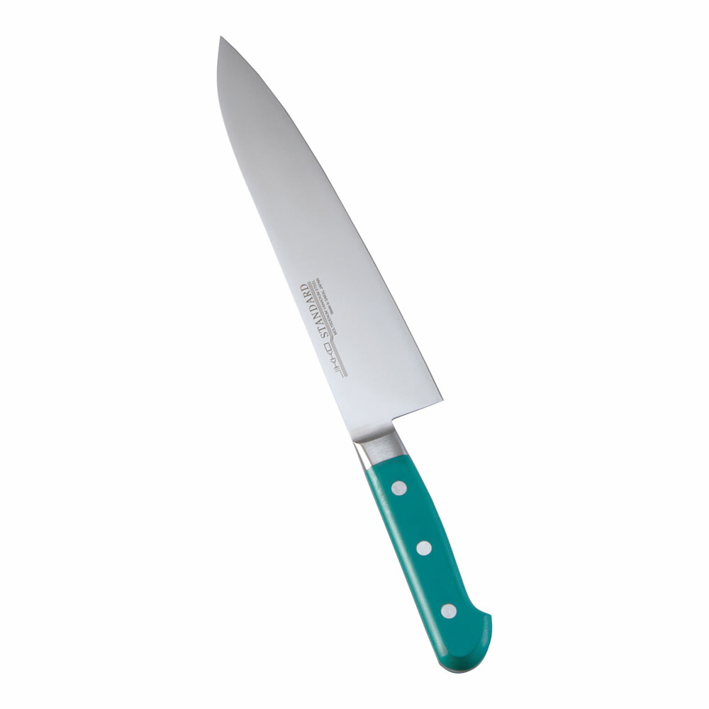 堺實光　スタンダード　抗菌　プラ柄　ツバ付　牛刀　両刃　21cm　緑　56045　AZT-70 [関連：JIKKO 實光 業務用 日本製 抗菌 牛刀包丁 HACCP対応 カラフル 色分け 衛生管理 食品工場]