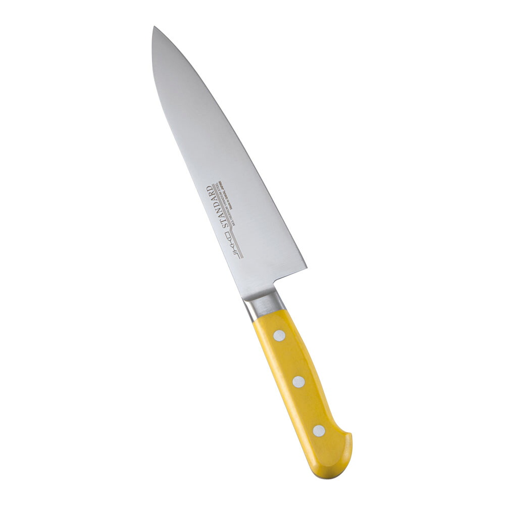 堺實光　スタンダード　抗菌　プラ柄　ツバ付　牛刀　両刃　18cm　黄　56084　AZT-70 [関連：JIKKO 實光 業務用 日本製 抗菌 牛刀包丁 HACCP対応 カラフル 色分け 衛生管理 食品工場]