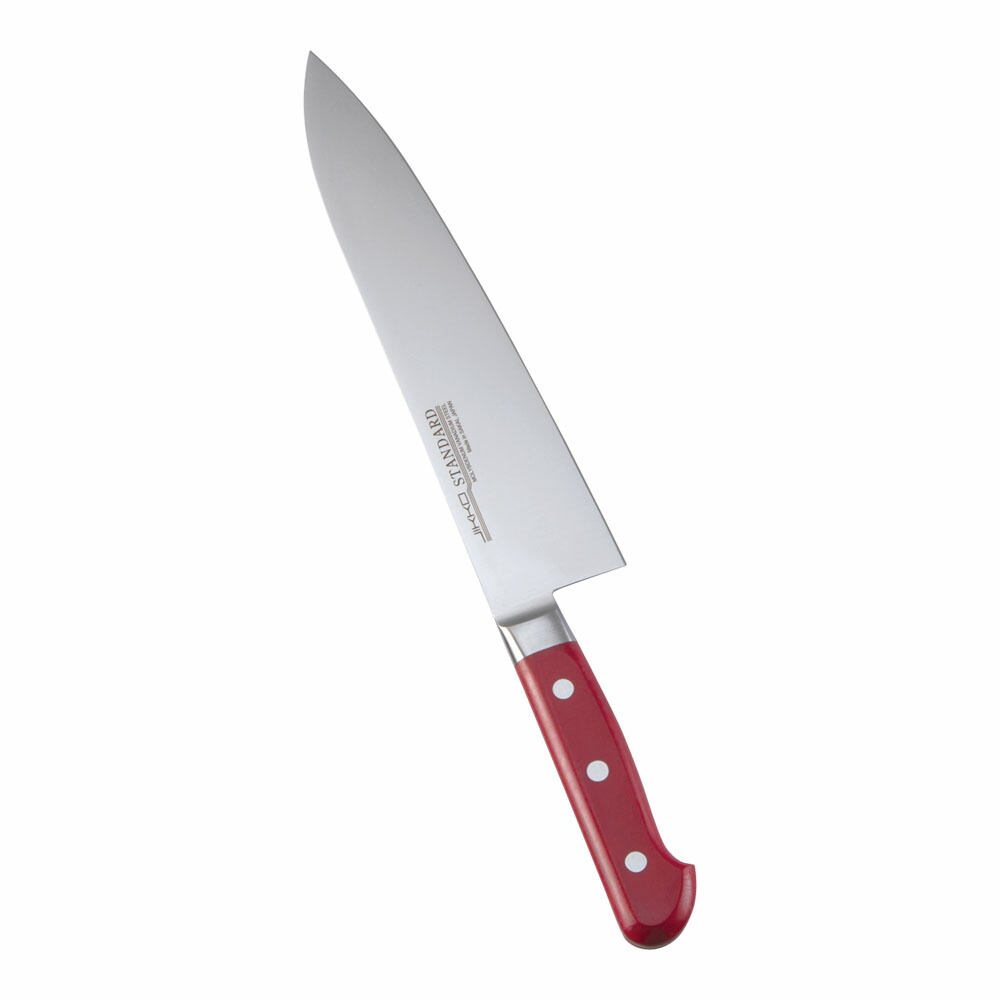 堺實光　スタンダード　抗菌　プラ柄　ツバ付　牛刀　両刃　21cm　赤　56125　AZT-70 [関連：JIKKO 實光 業務用 日本製 抗菌 牛刀包丁 HACCP対応 カラフル 色分け 衛生管理 食品工場]