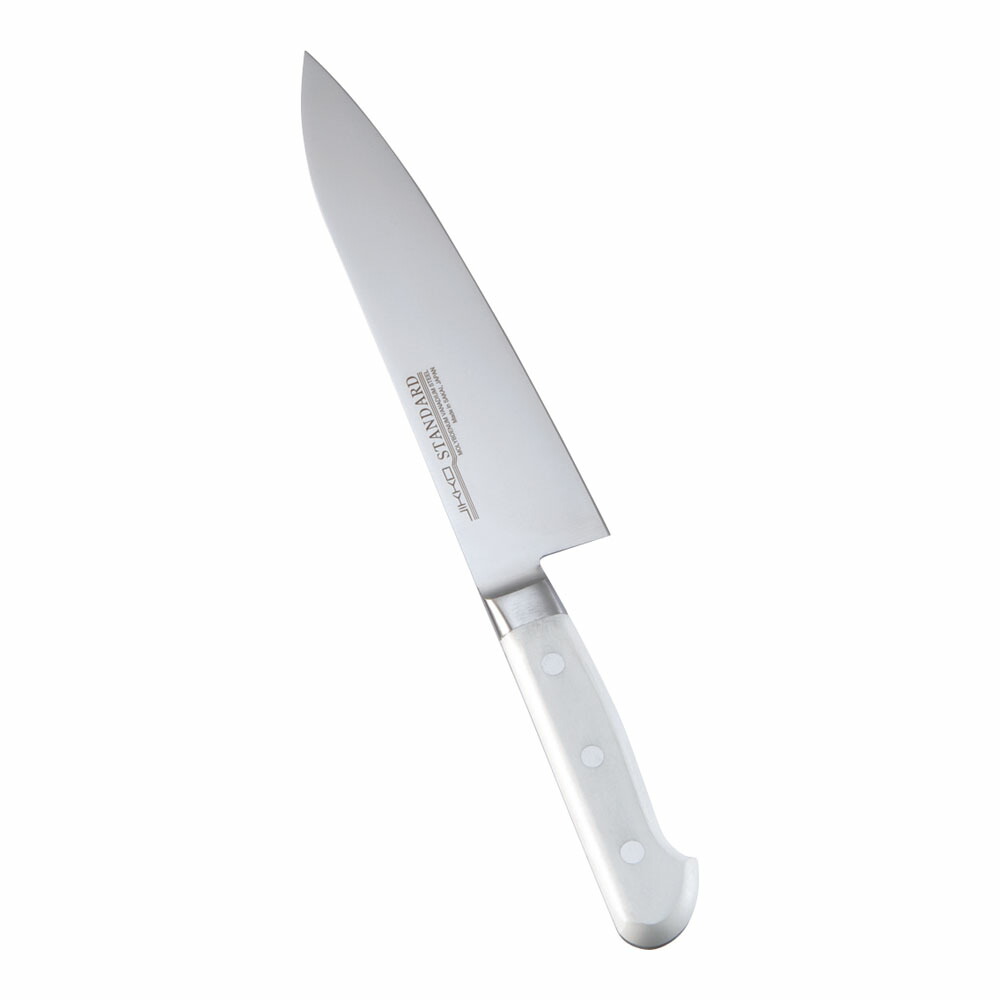 堺實光　スタンダード　抗菌　プラ柄　ツバ付　牛刀　両刃　18cm　白　56164　AZT-70[関連：JIKKO 實光 業務用 日本製 抗菌 牛刀包丁 HACCP対応 カラフル 色分け 衛生管理 食品工場]｜くるちかも　culticamo