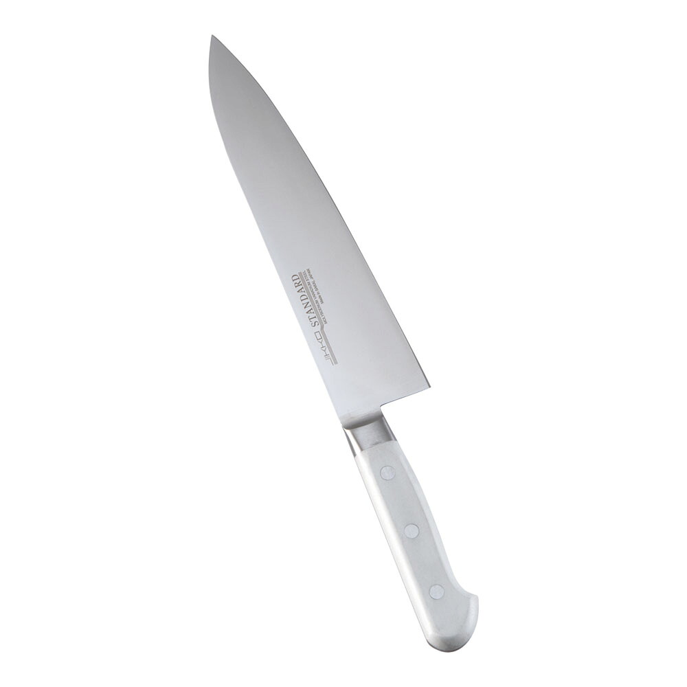 堺實光　スタンダード　抗菌　プラ柄　ツバ付　牛刀　両刃　21cm　白　56165　AZT-70 [関連：JIKKO 實光 業務用 日本製 抗菌 牛刀包丁 HACCP対応 カラフル 色分け 衛生管理 食品工場]