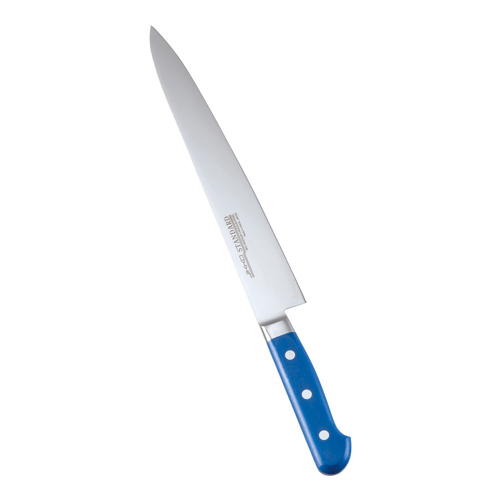 堺實光　スタンダード　抗菌　プラ柄　ツバ付　筋引　両刃　24cm　青　56011　AZT-71[関連：JIKKO 實光 業務用 日本製 抗菌 筋引包丁 スライサー HACCP対応 カラフル 色分け 衛生管理 食品工場]｜くるちかも　culticamo