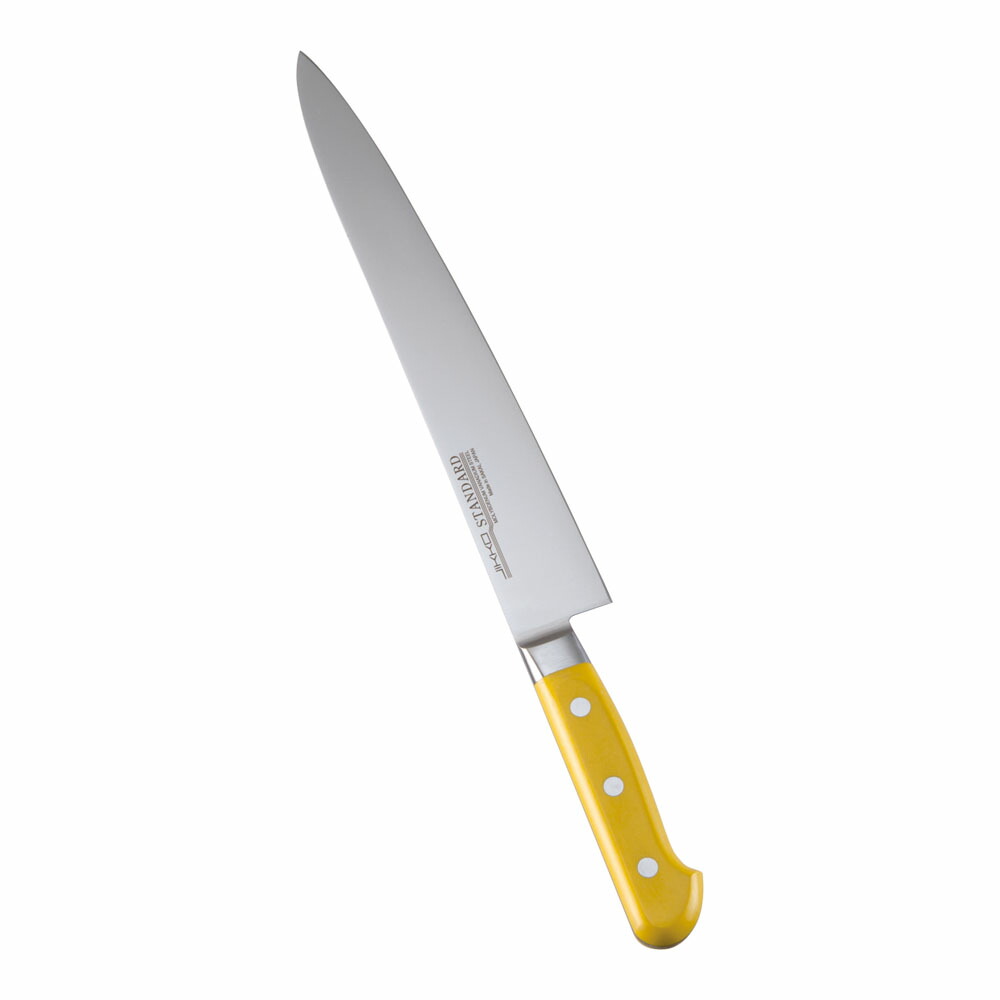 堺實光　スタンダード　抗菌　プラ柄　ツバ付　筋引　両刃　24cm　黄　56091　AZT-71 [関連：JIKKO 實光 業務用 日本製 抗菌 筋引包丁 スライサー HACCP対応 カラフル 色分け 衛生管理 食品工場]