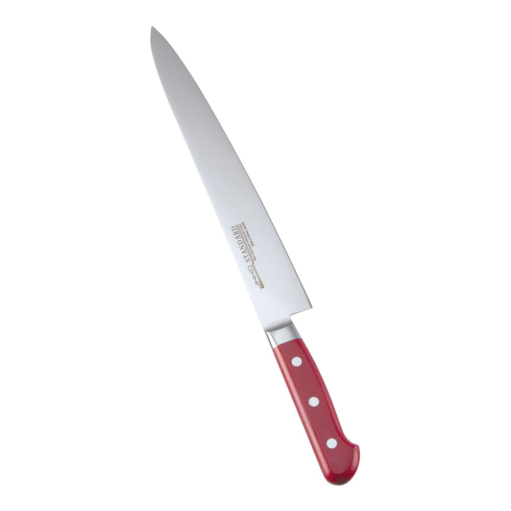 堺實光　スタンダード　抗菌　プラ柄　ツバ付　筋引　両刃　24cm　赤　56131　AZT-71 [関連：JIKKO 實光 業務用 日本製 抗菌 筋引包丁 スライサー HACCP対応 カラフル 色分け 衛生管理 食品工場]