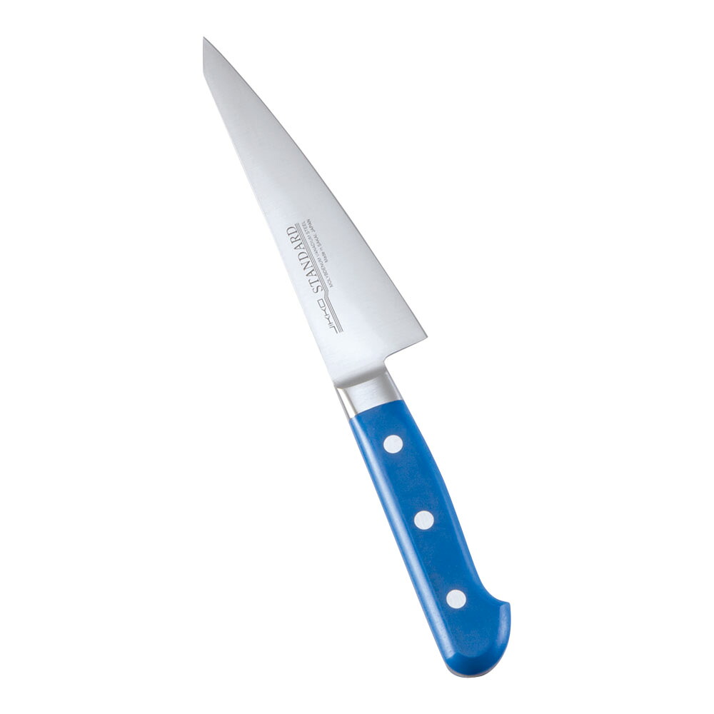 堺實光　スタンダード　抗菌　プラ柄　ツバ付　骨スキ東　片刃　15cm　青　56018　AZT-72[関連：JIKKO 實光 業務用 日本製 抗菌 骨スキ包丁 サバキ HACCP対応 カラフル 色分け 衛生管理 食品工場]｜くるちかも　culticamo