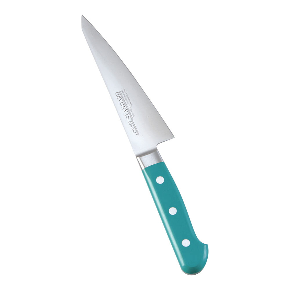 堺實光　スタンダード　抗菌　プラ柄　ツバ付　骨スキ東　片刃　15cm　緑　56058　AZT-72 [関連：JIKKO 實光 業務用 日本製 抗菌 骨スキ包丁 サバキ HACCP対応 カラフル 色分け 衛生管理 食品工場]