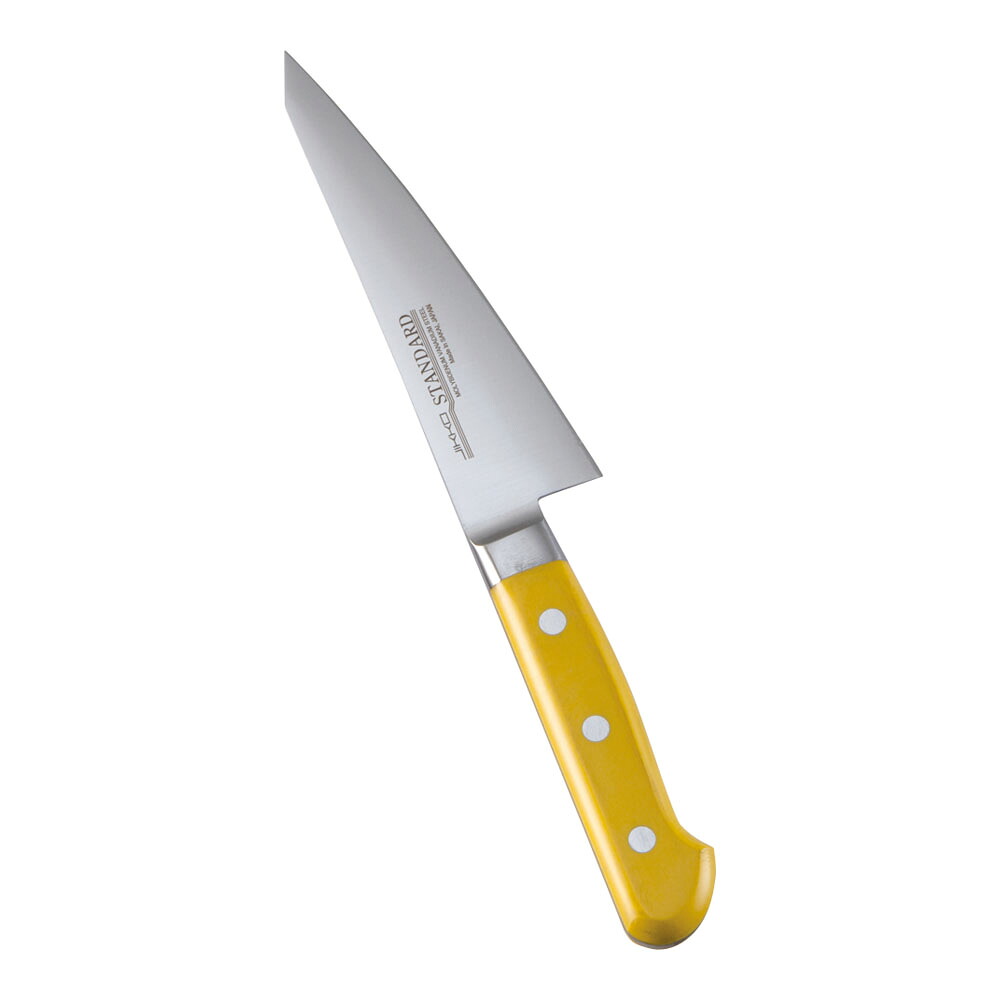堺實光　スタンダード　抗菌　プラ柄　ツバ付　骨スキ東　片刃　15cm　黄　56098　AZT-72[関連：JIKKO 實光 業務用 日本製 抗菌 骨スキ包丁 サバキ HACCP対応 カラフル 色分け 衛生管理 食品工場]｜くるちかも　culticamo