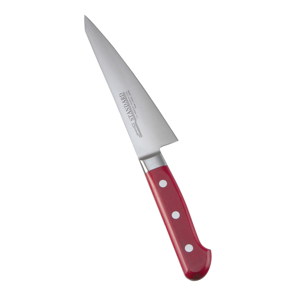 堺實光　スタンダード　抗菌　プラ柄　ツバ付　骨スキ東　片刃　15cm　赤　56138　AZT-72 [関連：JIKKO 實光 業務用 日本製 抗菌 骨スキ包丁 サバキ HACCP対応 カラフル 色分け 衛生管理 食品工場]