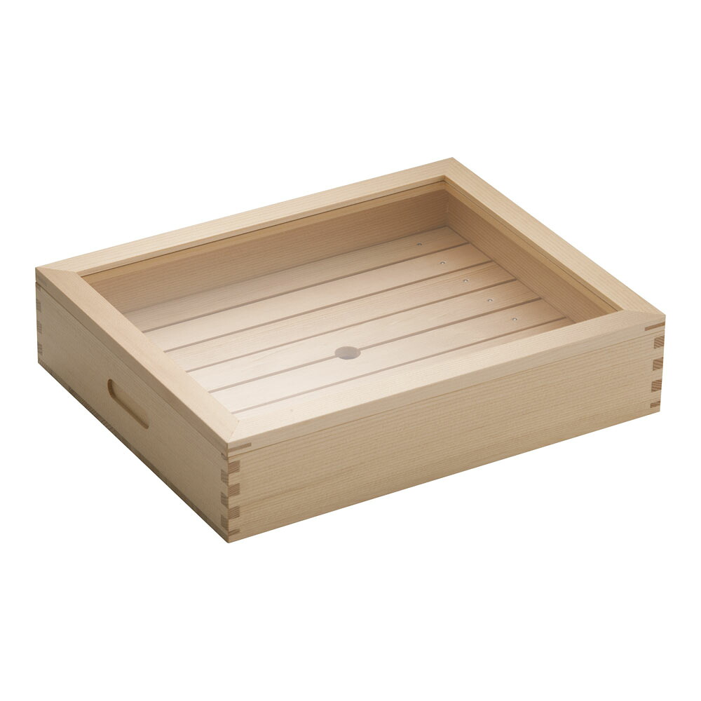 木製　ネタ箱　目皿・アクリル蓋付　35583　小　34.5cmｘ27.5cm　ANT-11 ［関連：用美 ヤマコー 業務用 日本製 木製 ネタケース 盛器 寿司 ネタ 抗菌 ショーケース]